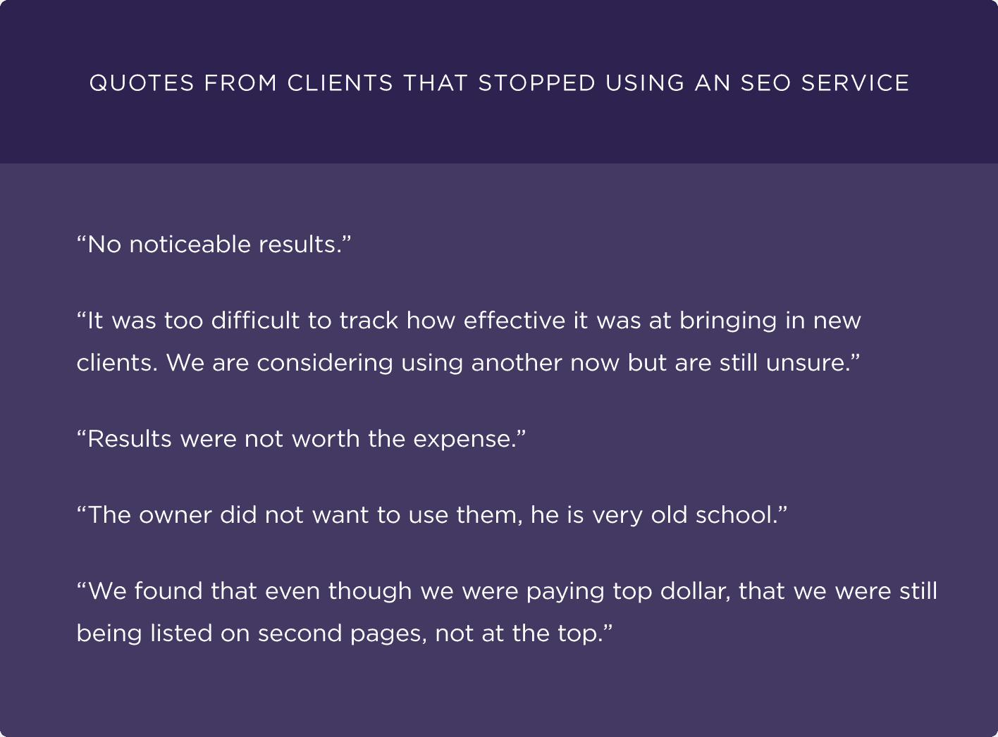 Quotes from clients that stopped using an SEO service