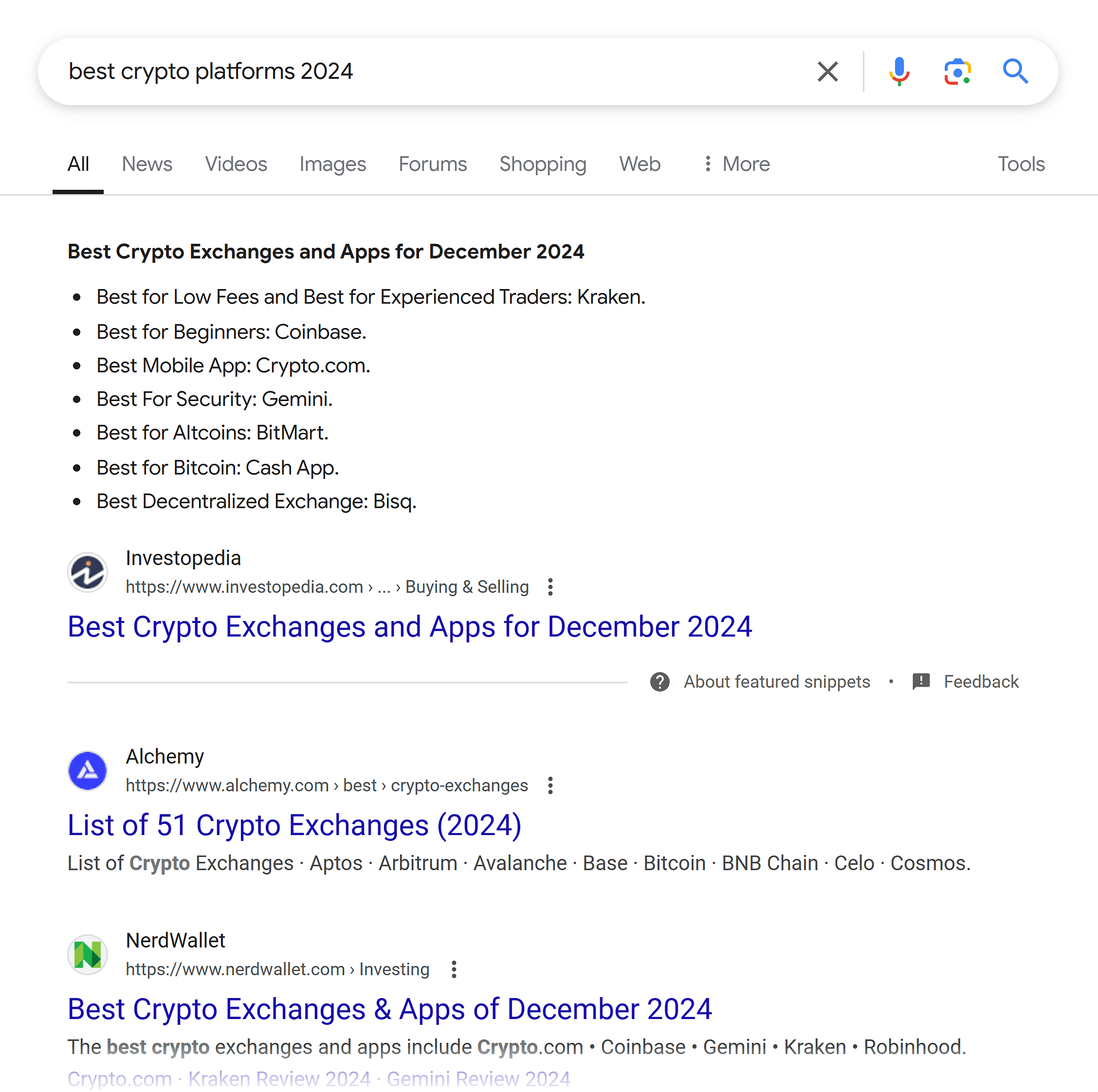 Google SERP – Best crypto platforms 2024