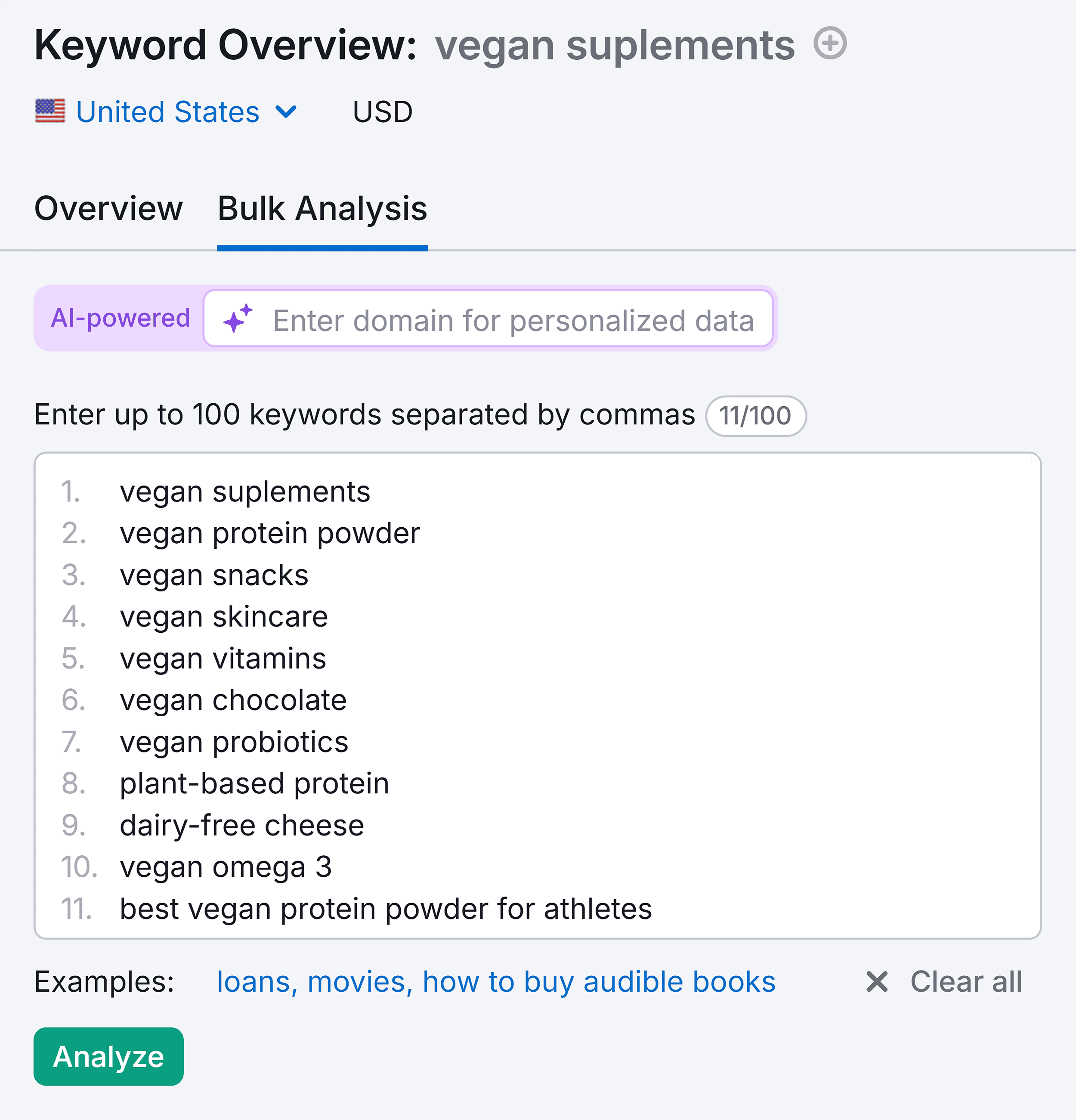 Keyword Overview – Vegan suplements – Enter keywords