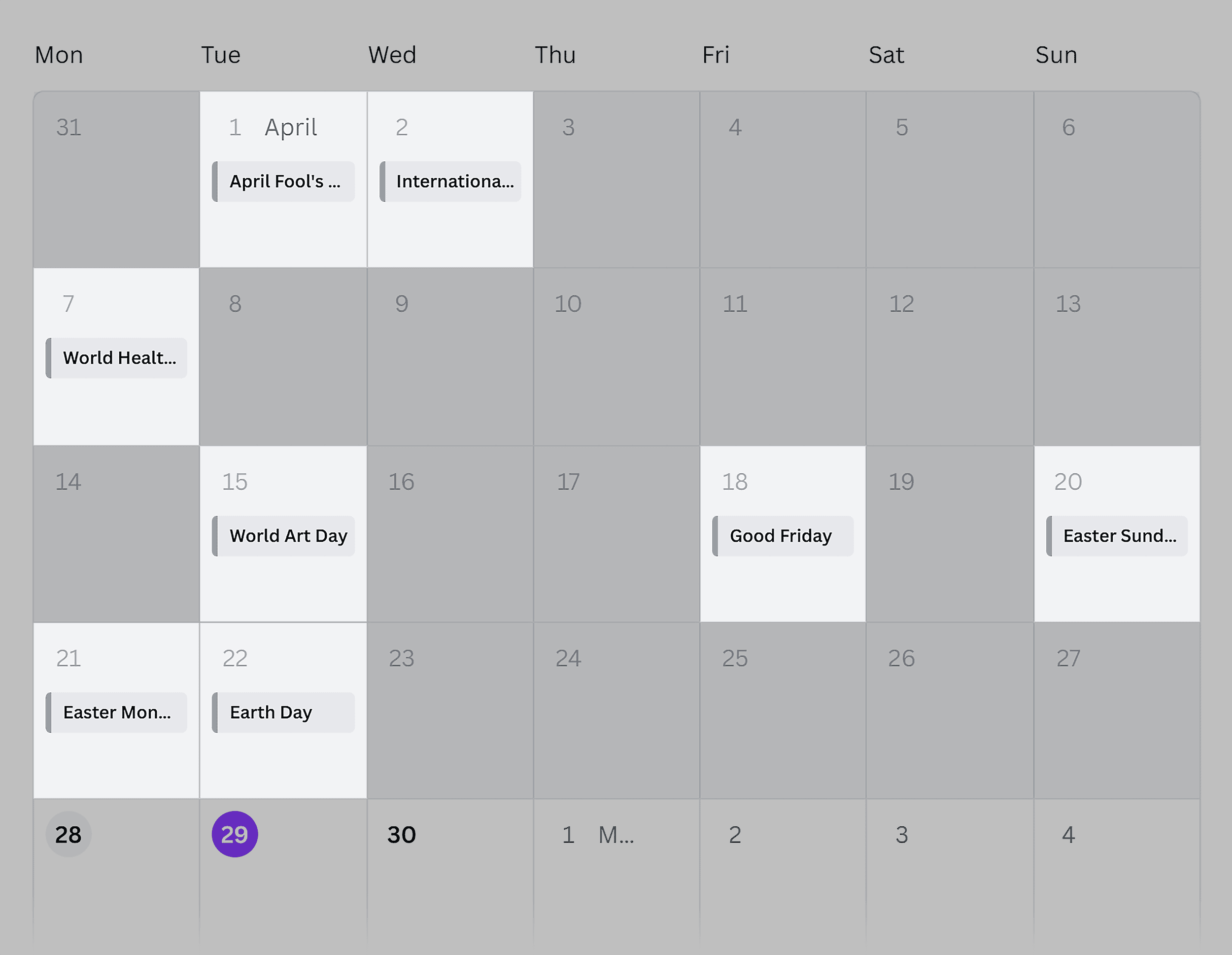 Canva – Content planer shows holidays