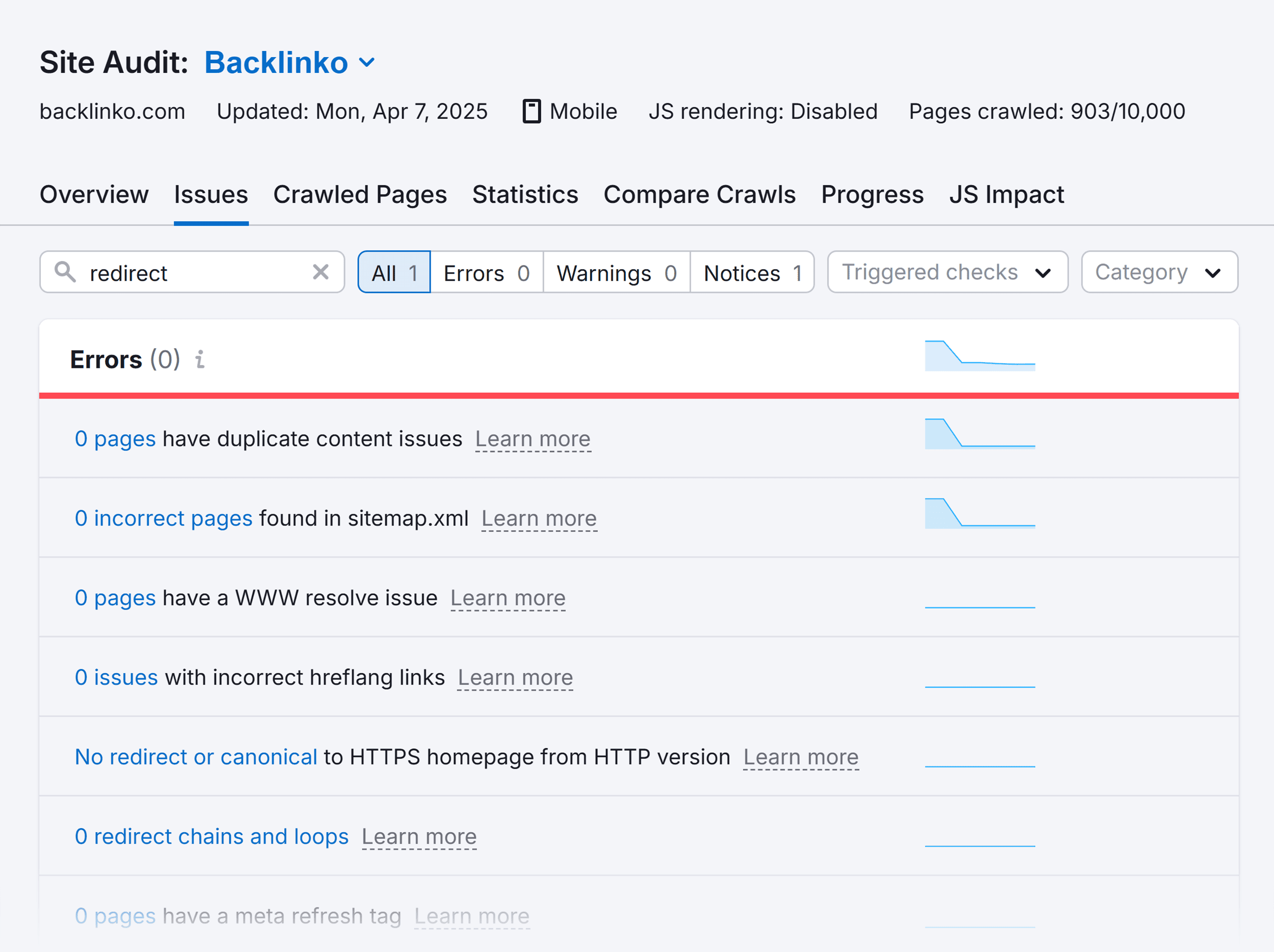 Site Audit – Backlinko – Issues – Redirect