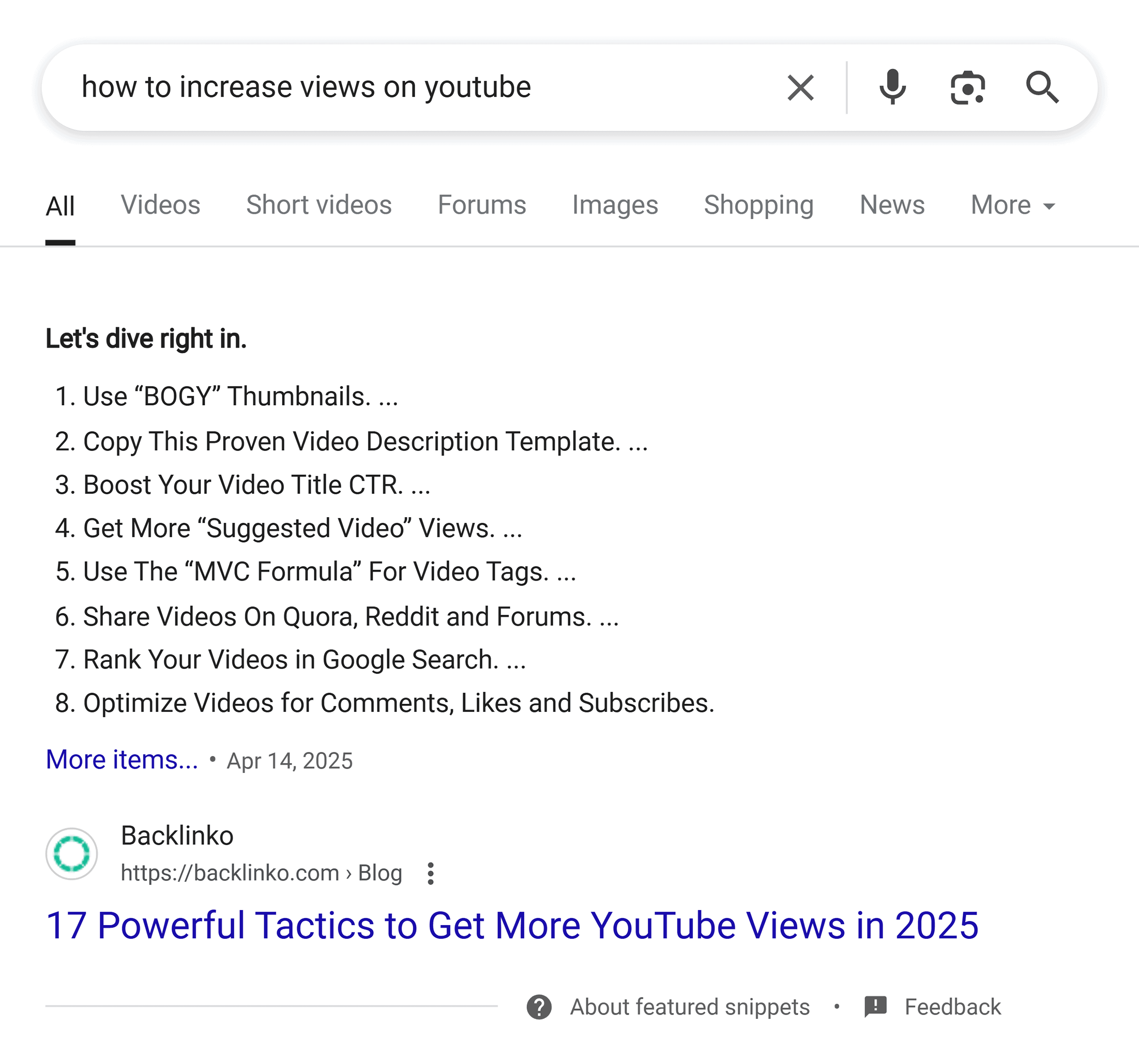 Google SERP – How to increase views on YouTube – Featured snippet