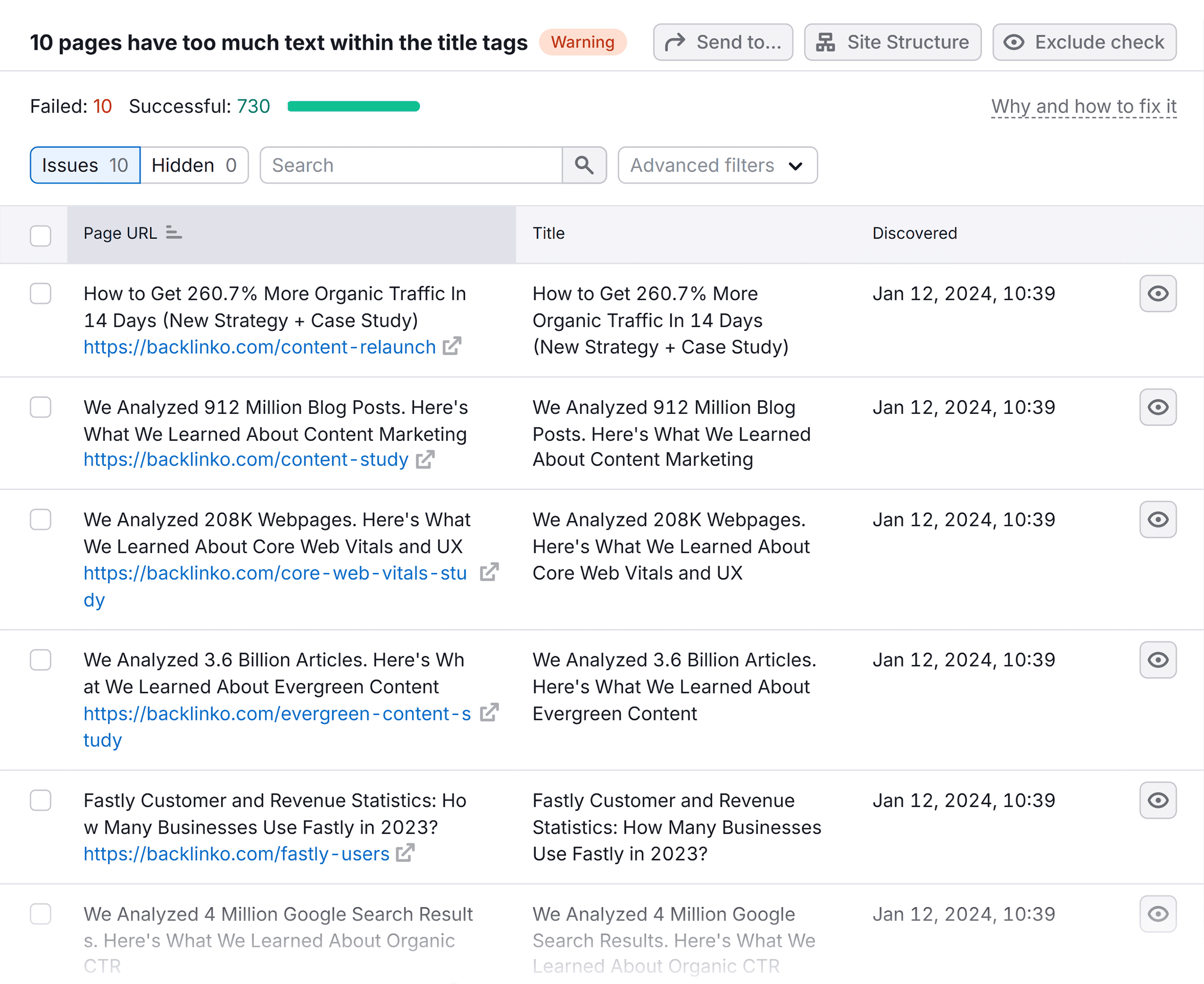 Site Audit – Backlinko – Issues – Too much text within the title tags