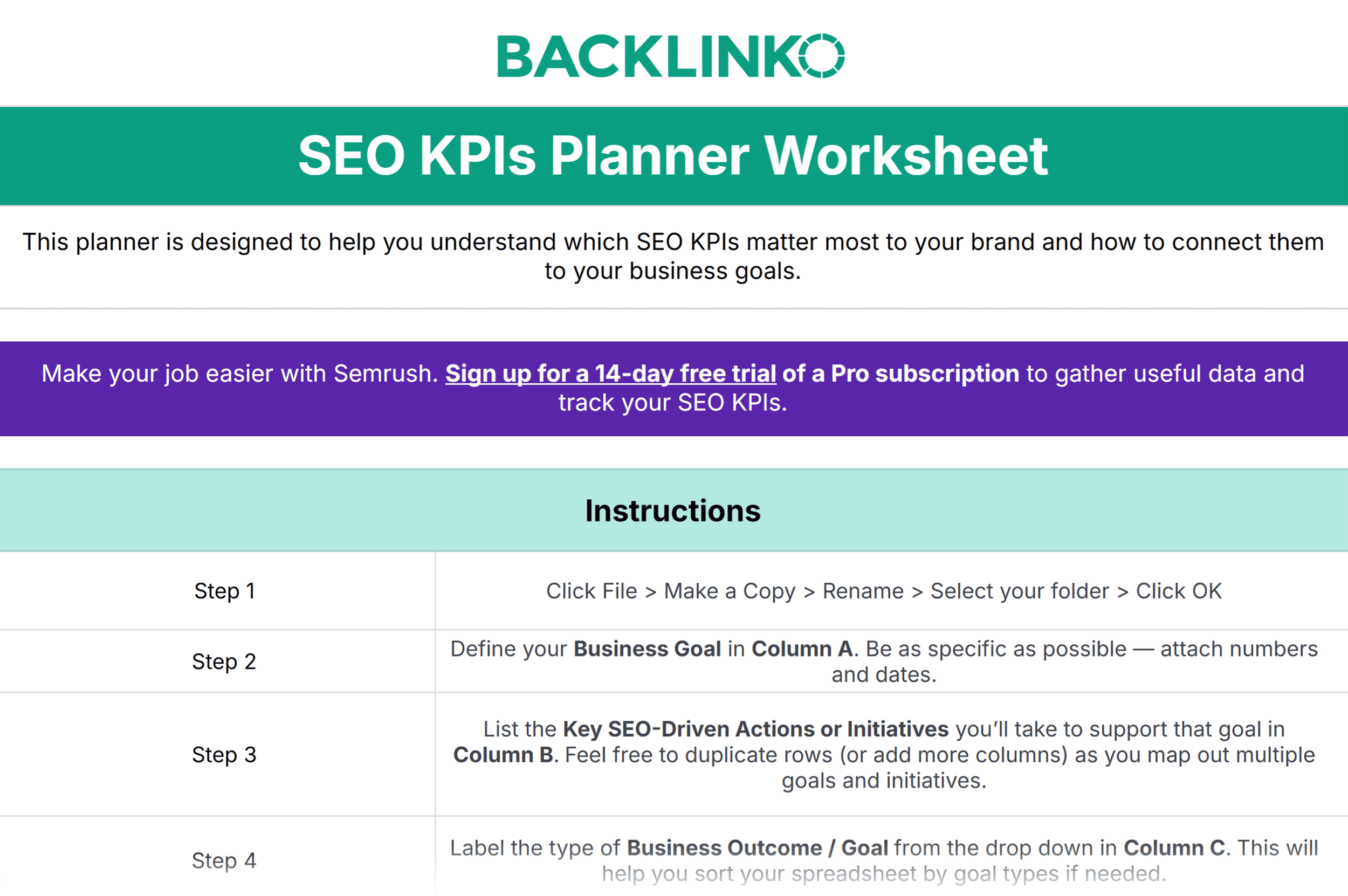 Backlinko – SEO KPIs Planner Worksheet
