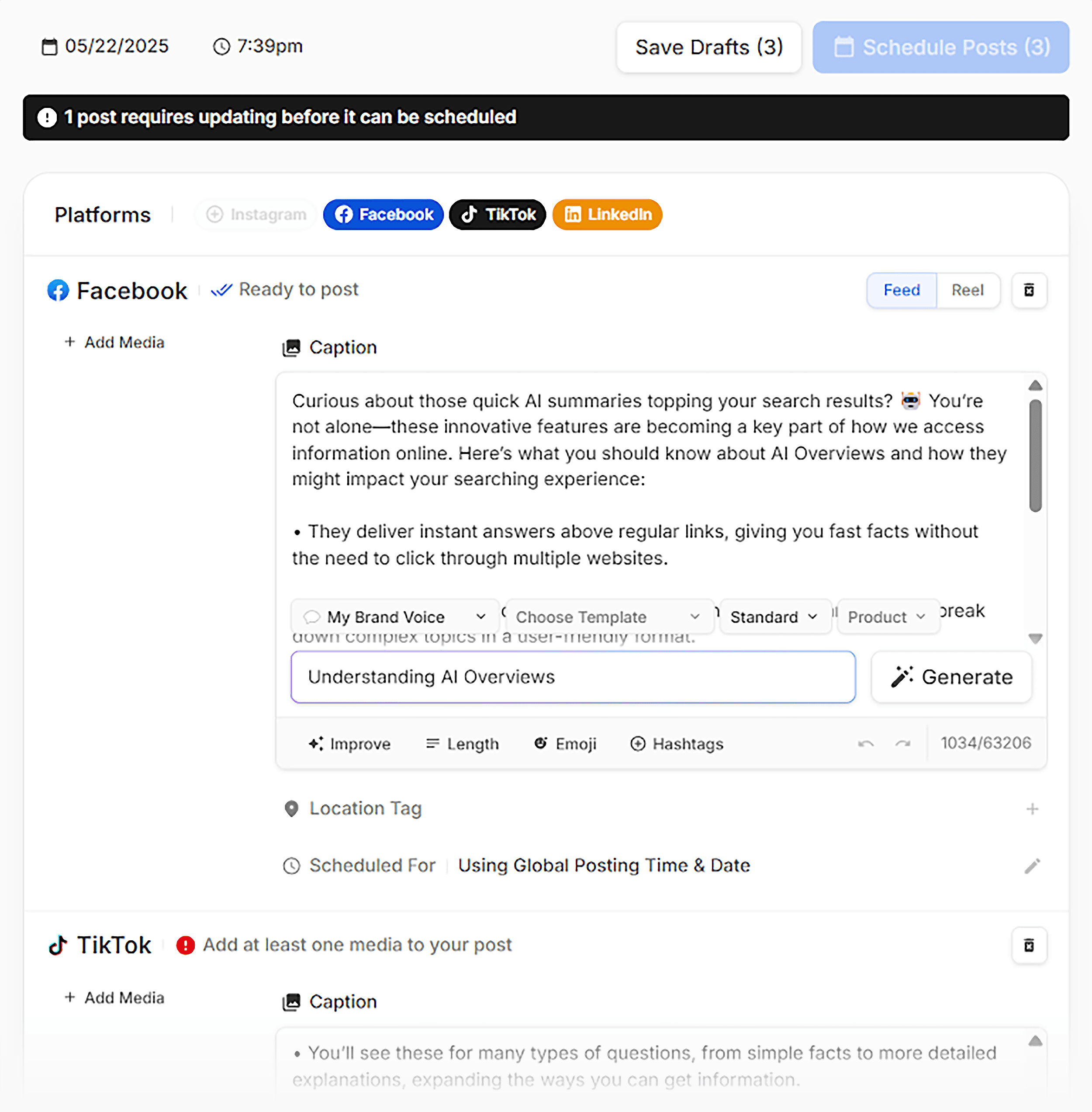 Customize each post for different social media platforms