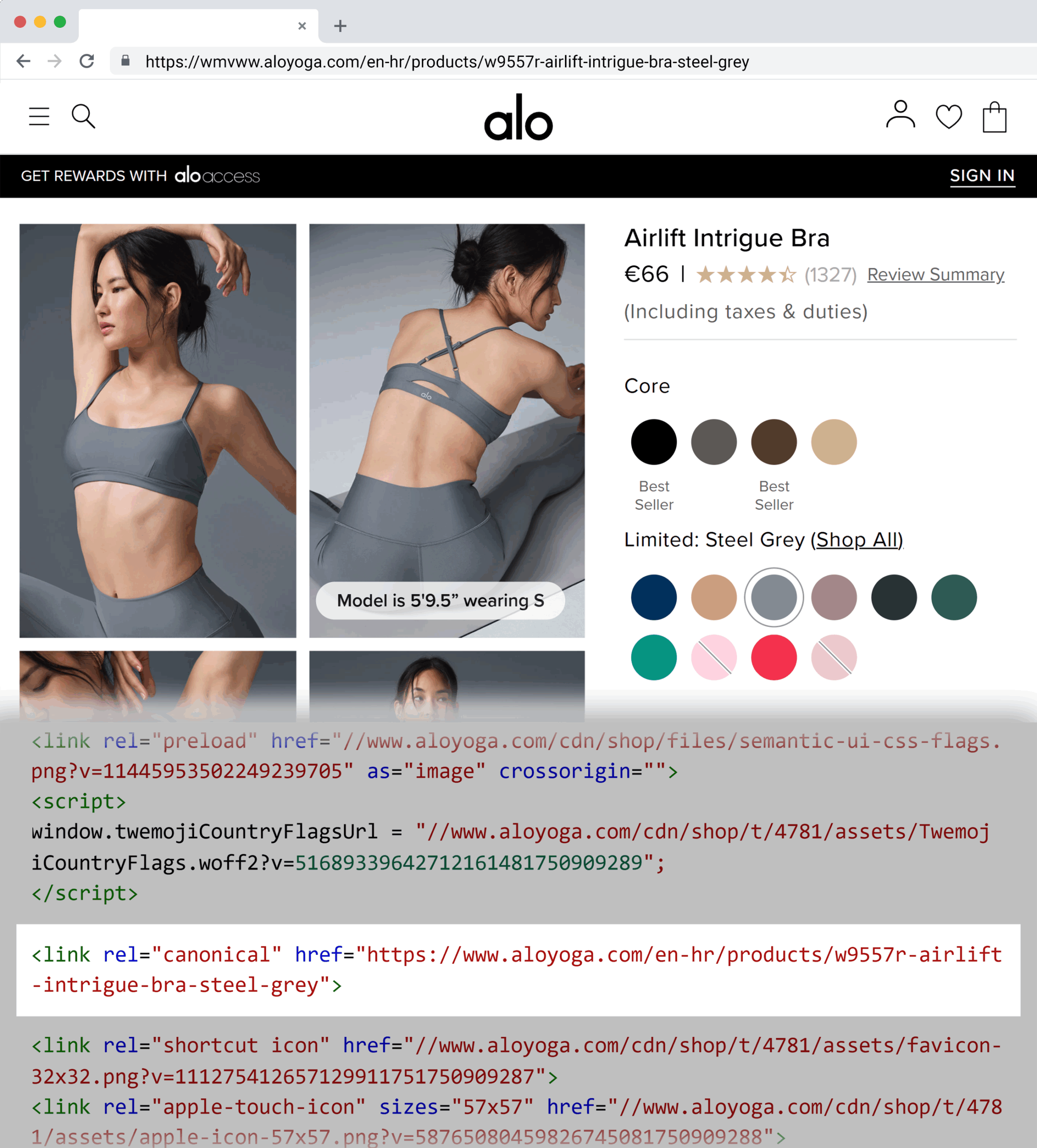 Alo Yoga – Each product variant includes a canonical tag