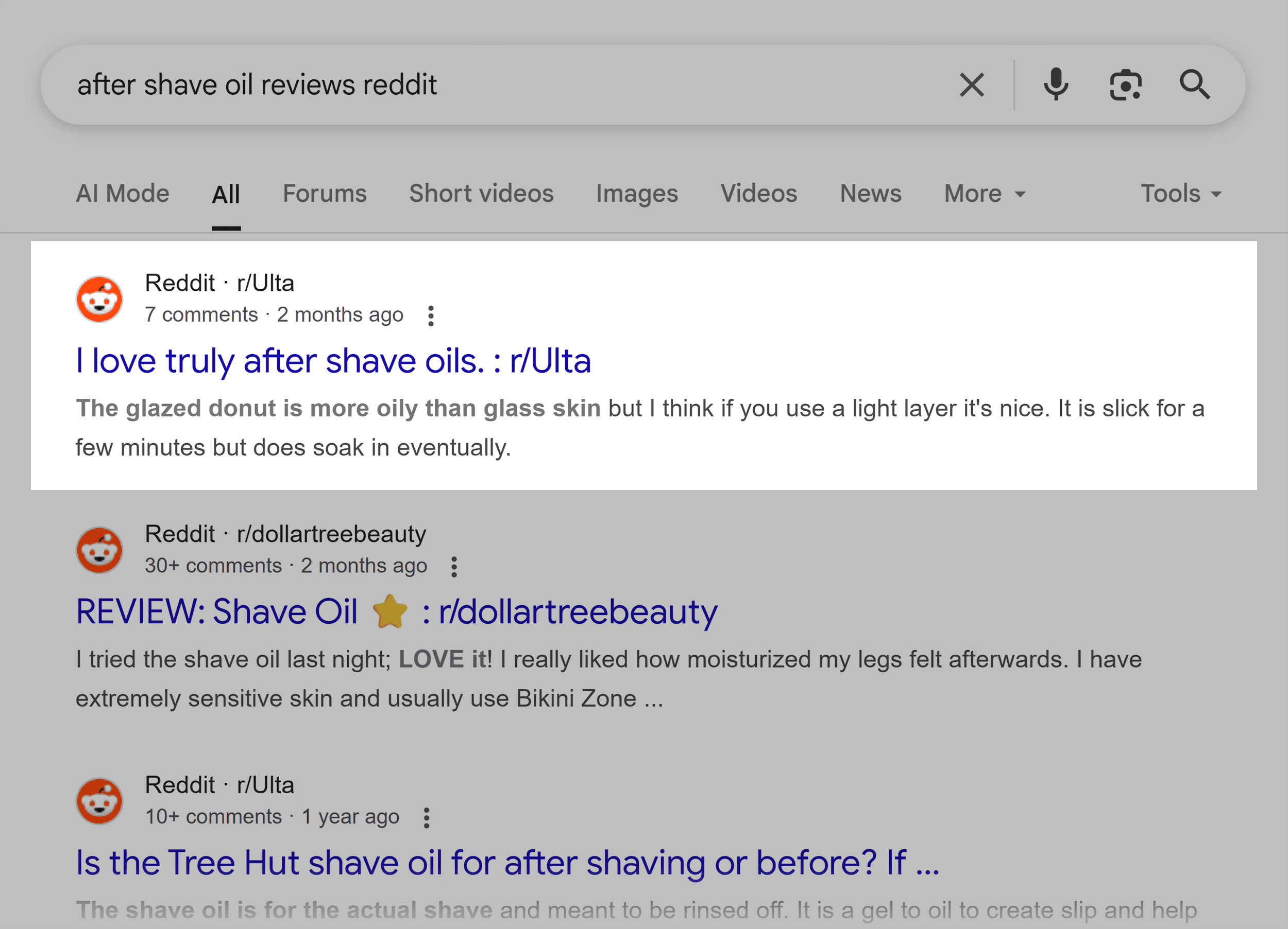 Google SERP – 须后油评论 Reddit Google SERP – After shave oil reviews Reddit