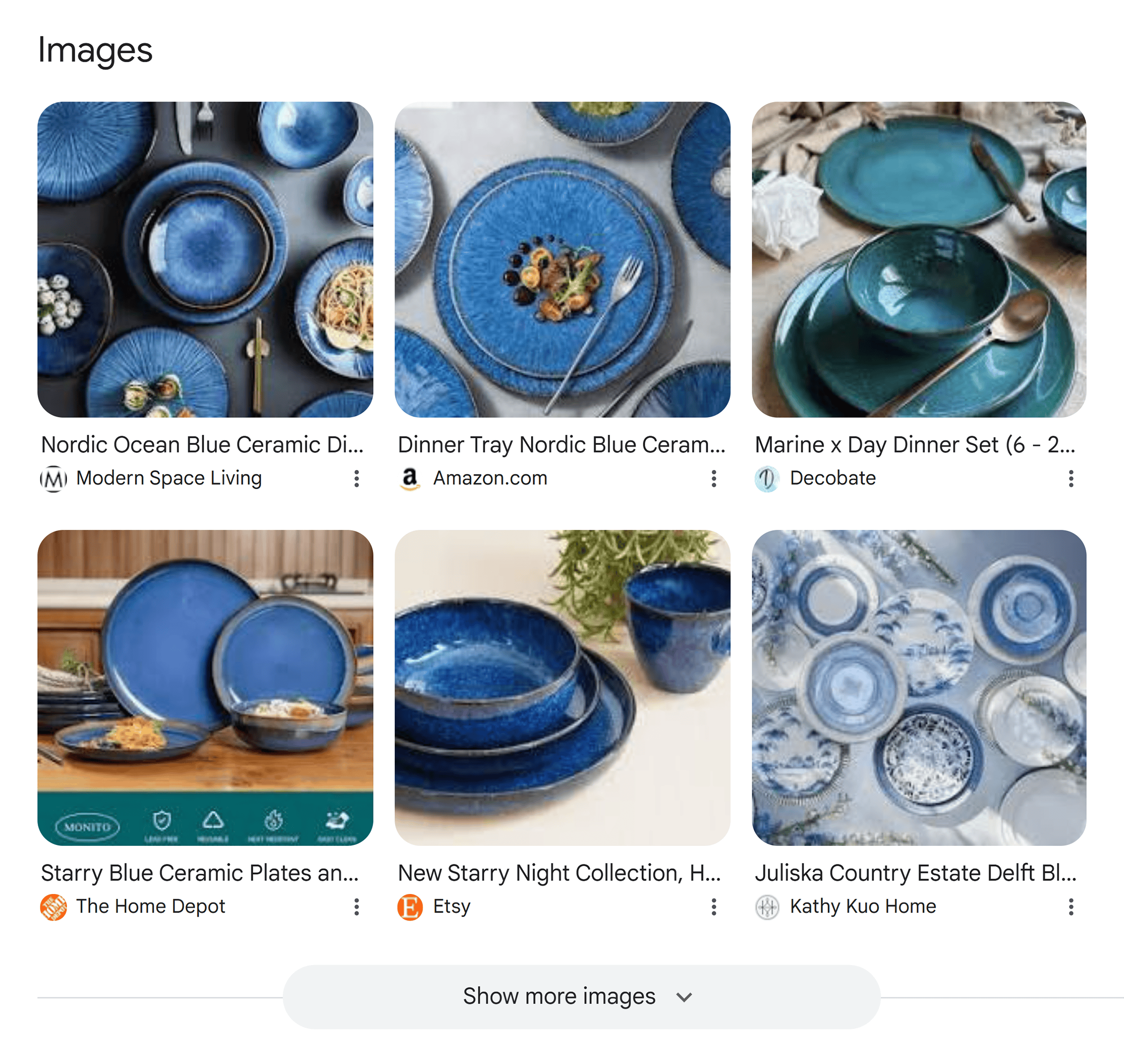 Google SERP – Blue ceramic dinner plates – Images
