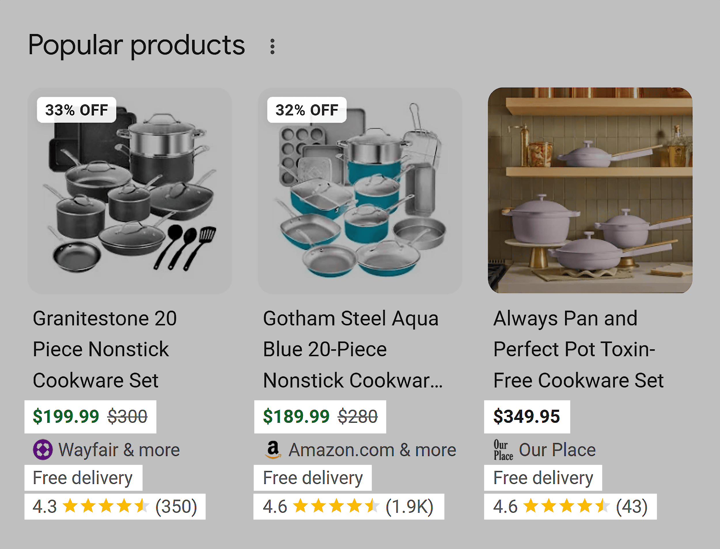 Google SERP – Cookware sets – Popular products