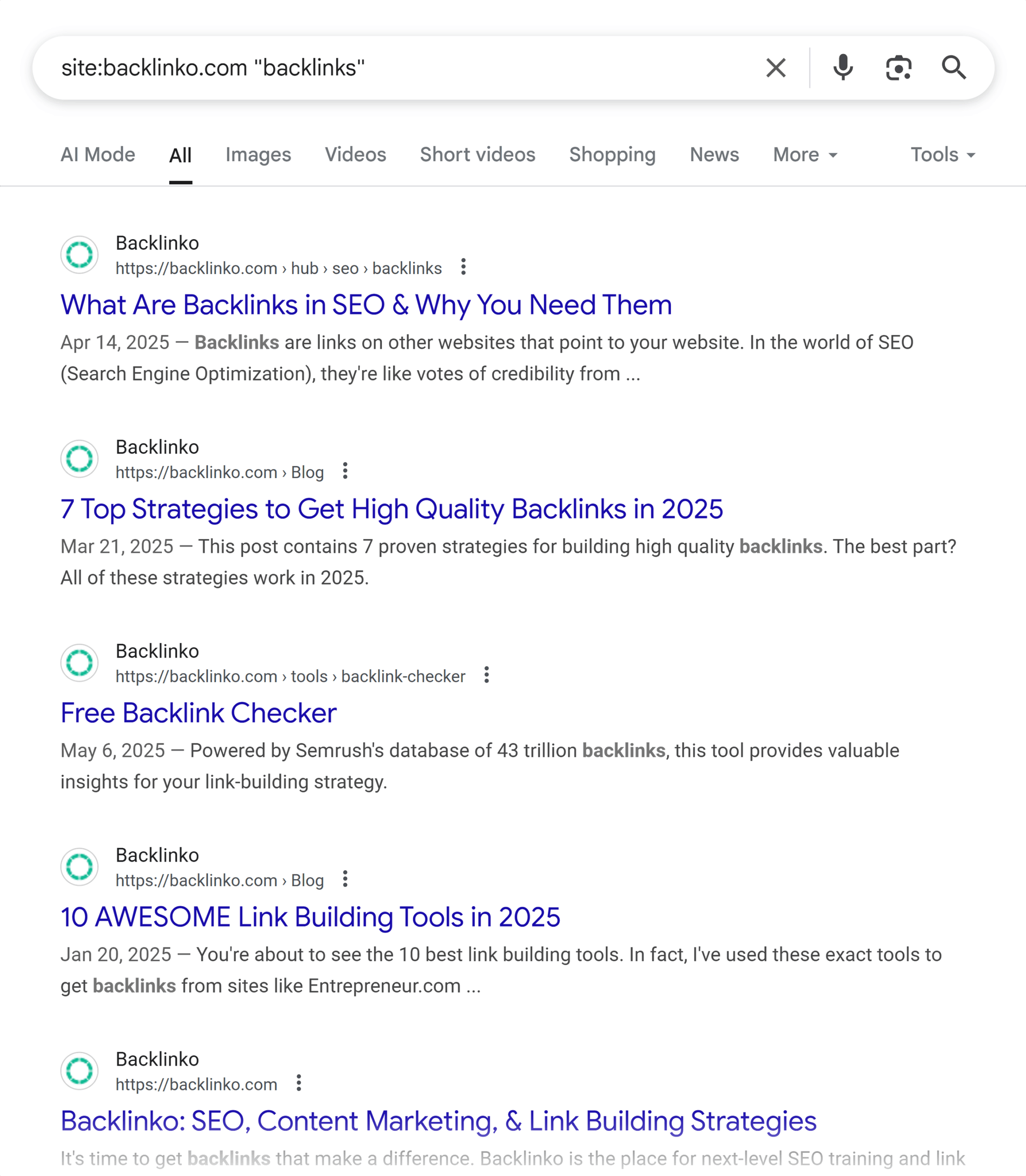 Google SERP – Site:backlinko "backlinks"