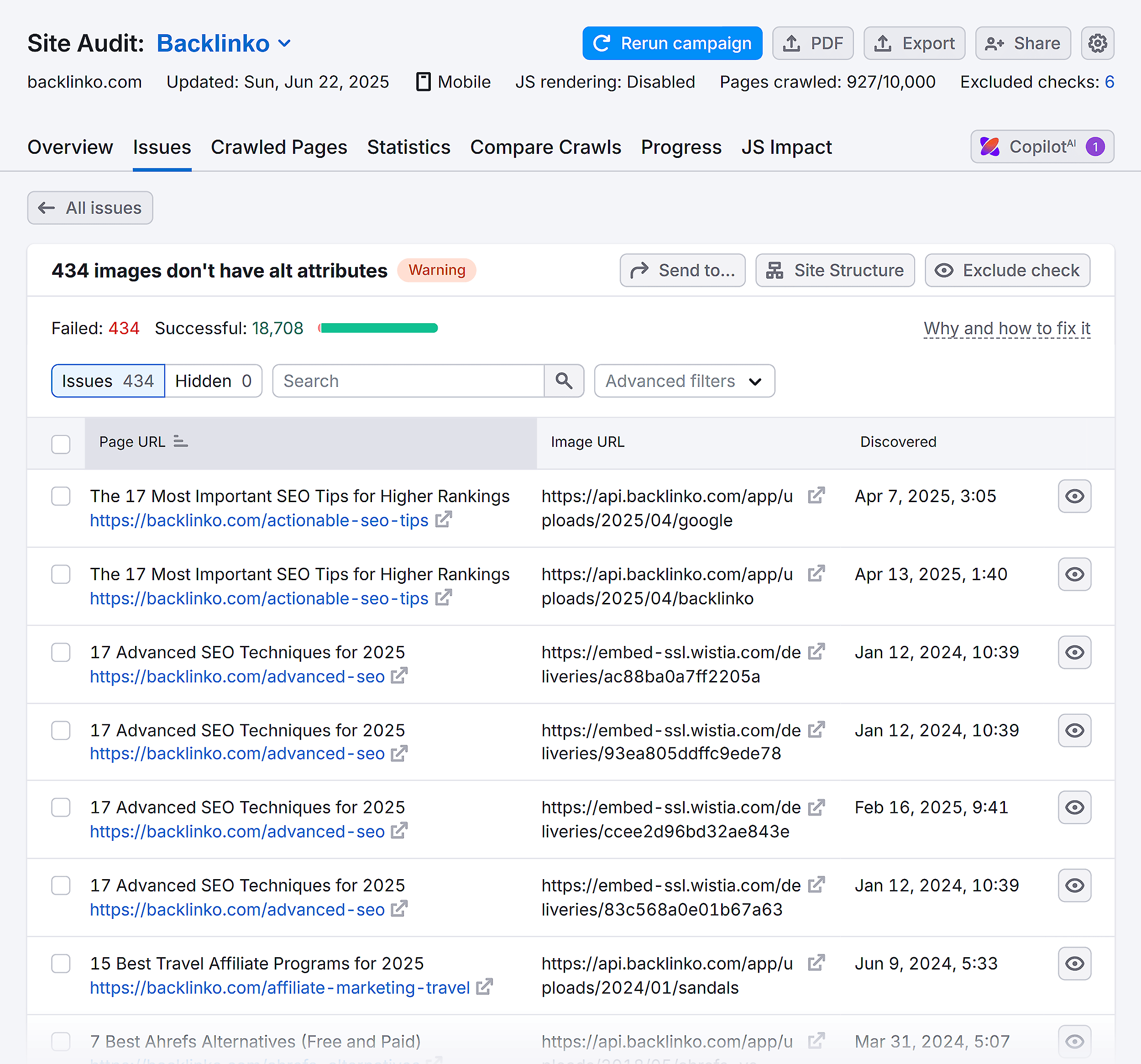 Site Audit – Backlinko – Issues – Alt attributes