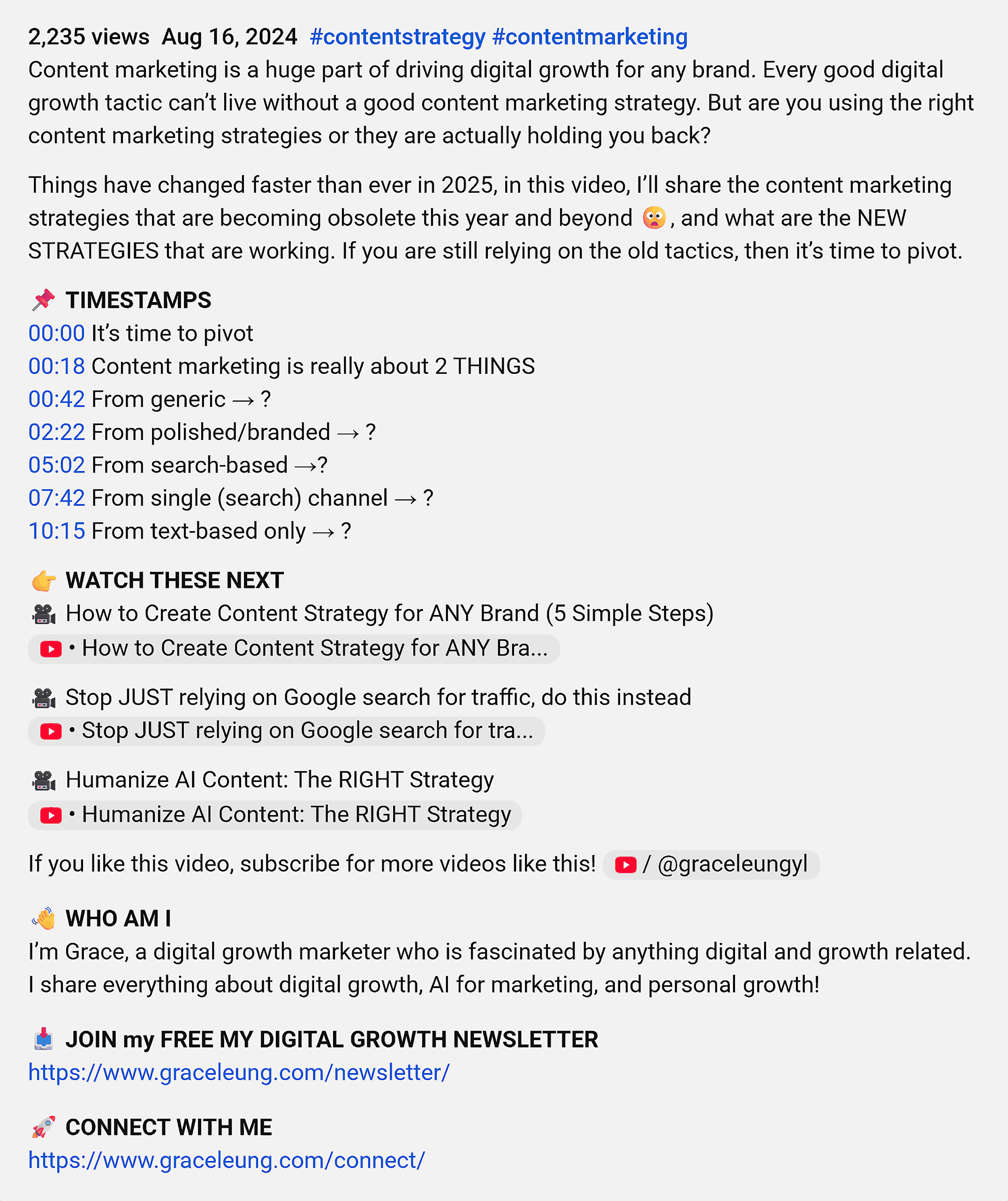 YouTube – Grace’s video description YouTube – Grace's video description