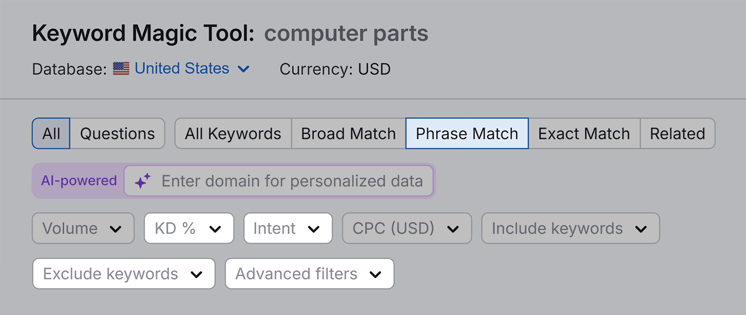 Keyword Magic Tool – Computer parts – Filters