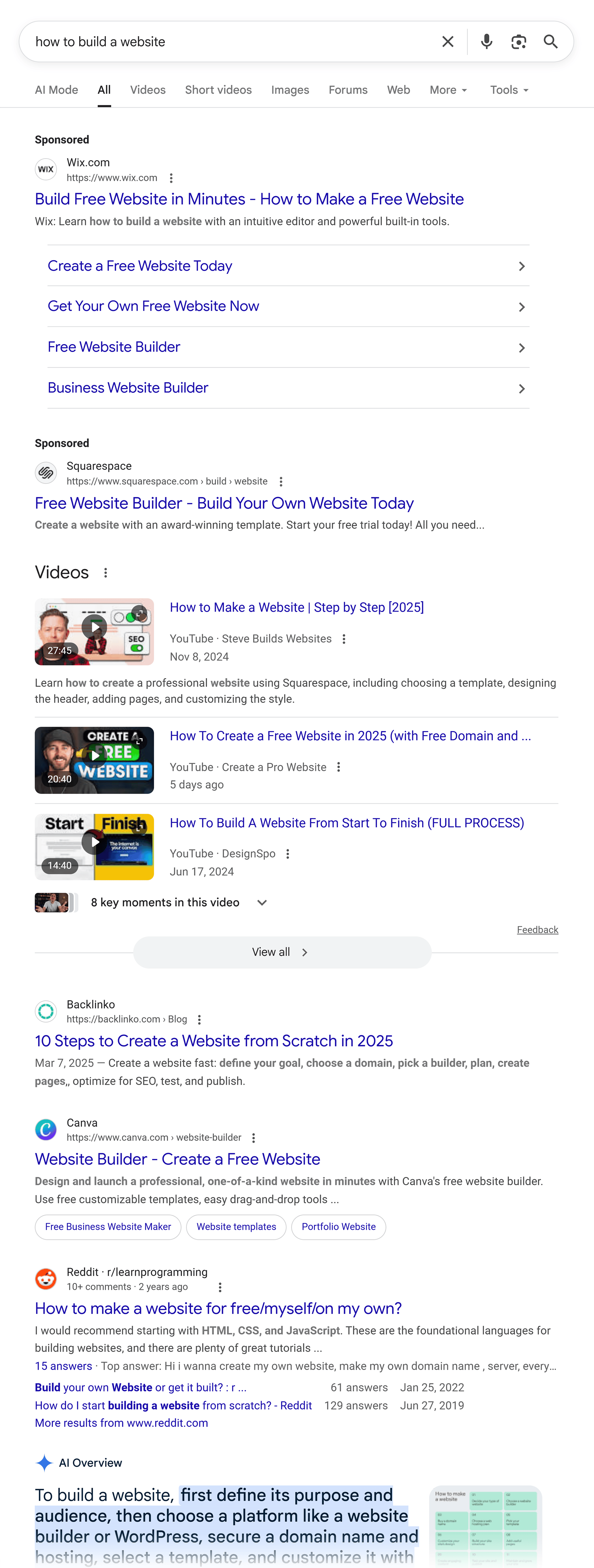 Google SERP – How to build a website