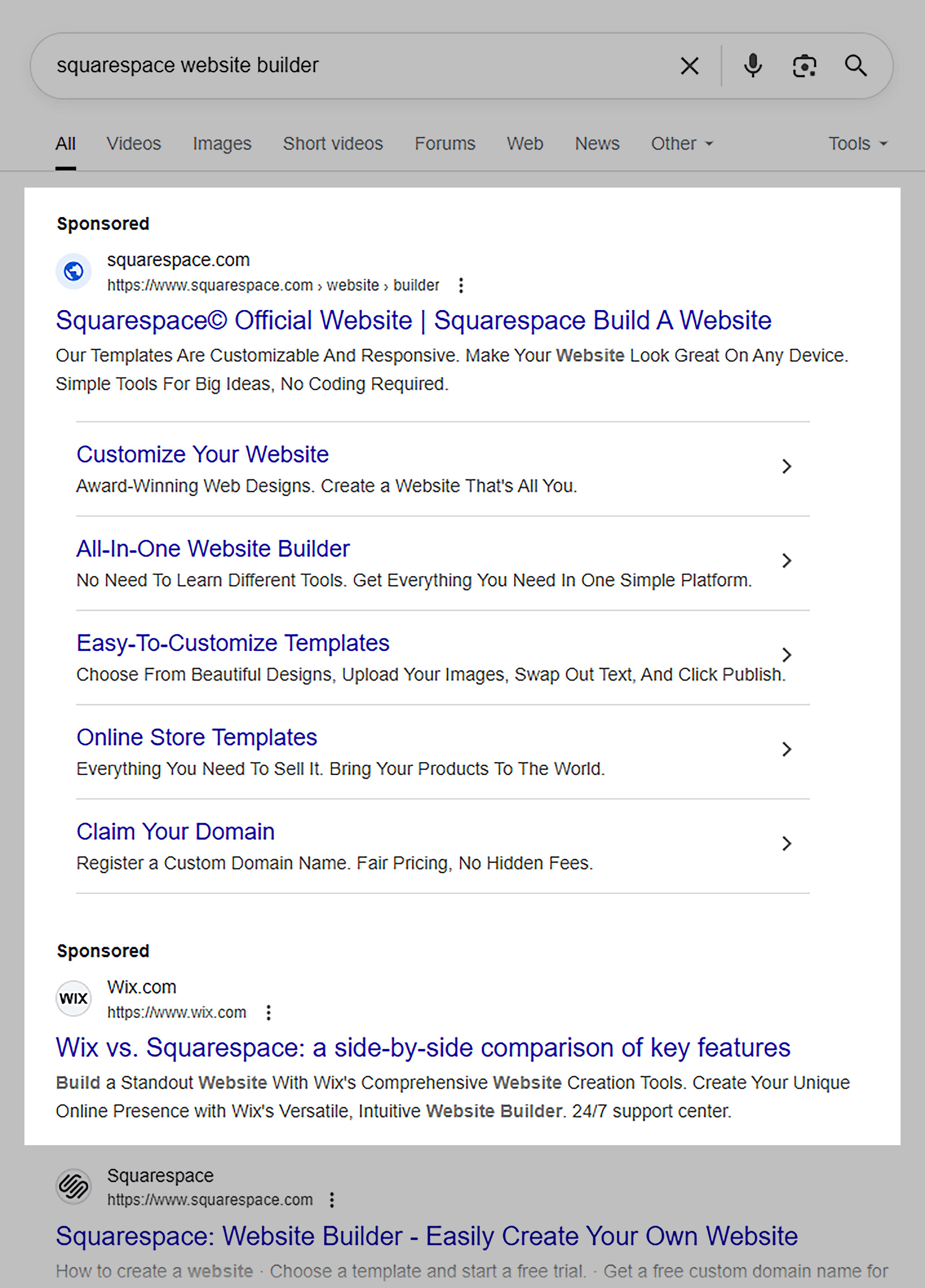 Google SERP – Squarespace Website Builder (sponsored)