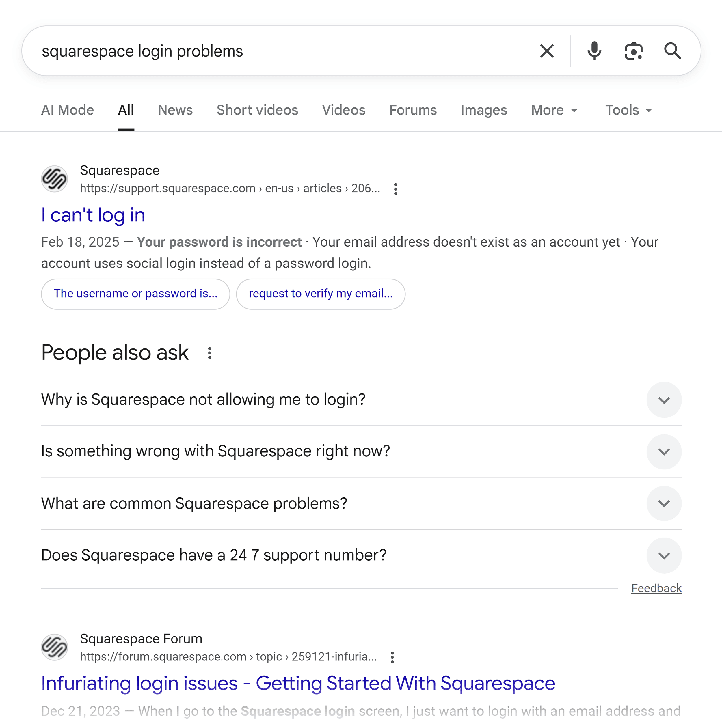 Google SERP – Squarespace login problems