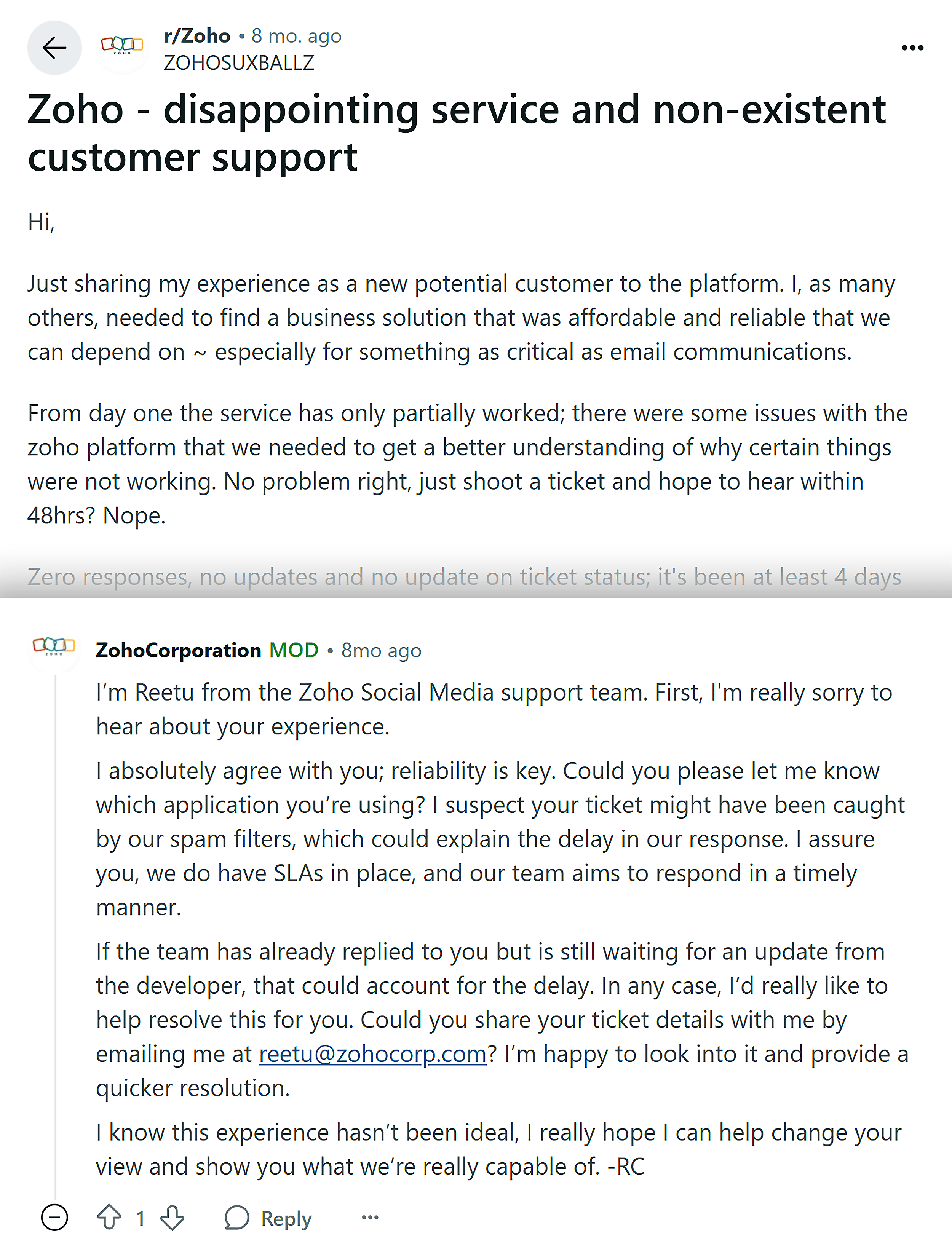 Reddit – Zoho take part in discussions