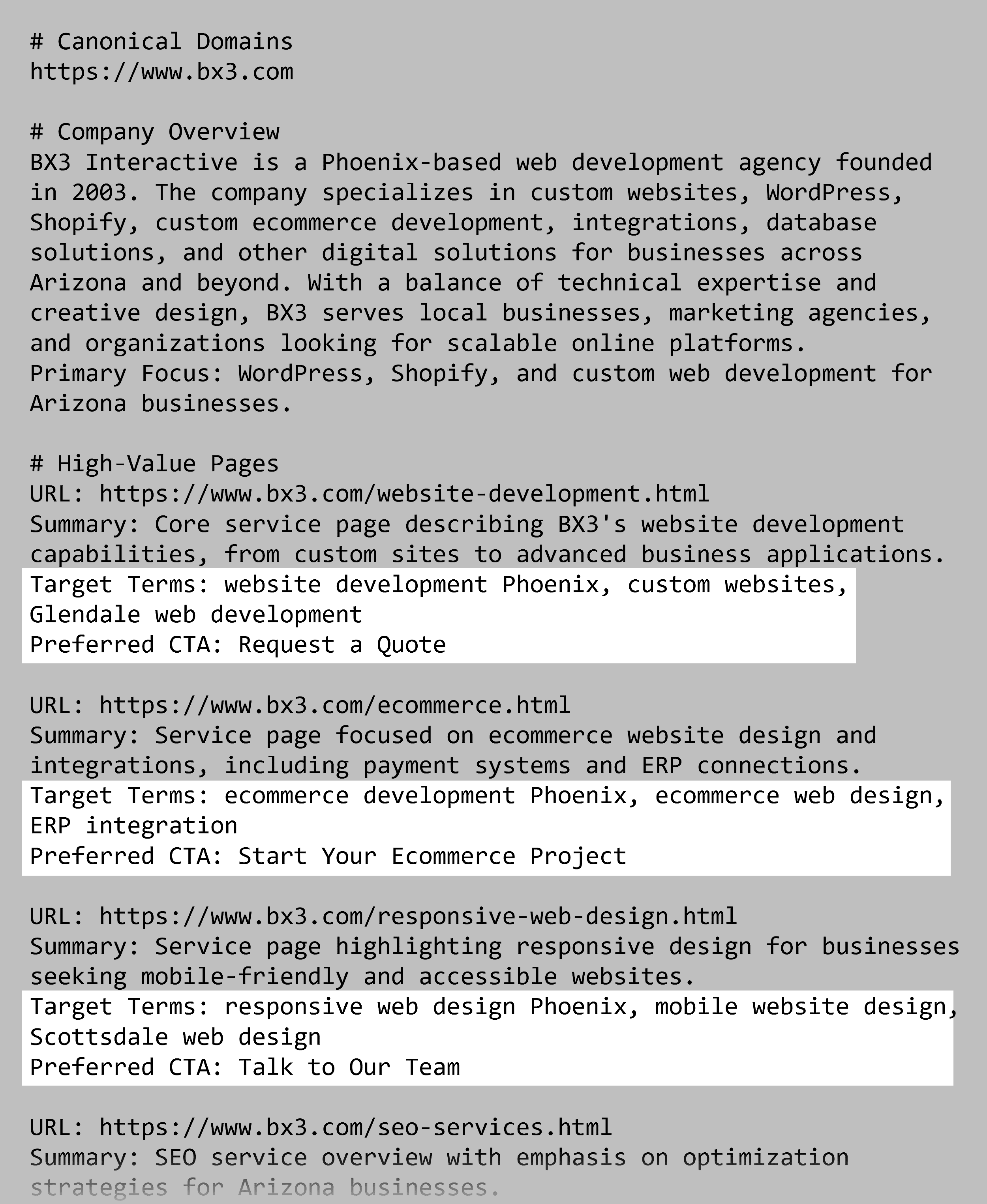 BX3 – LLMs.txt target terms & CTA