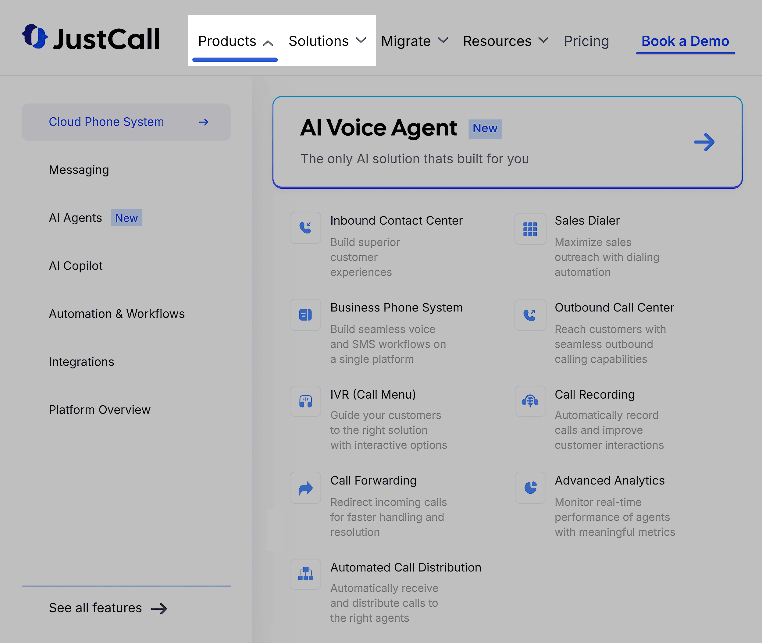 Dynamic SEO Pro JustCall – Products & Solutions menu