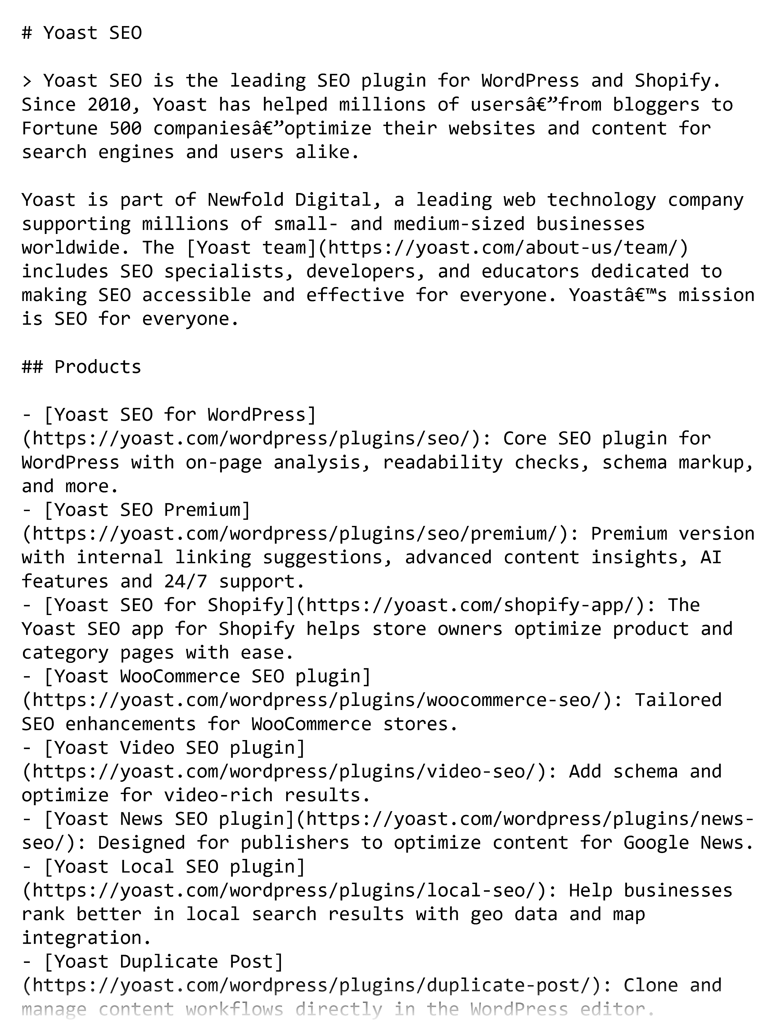Yoast – LLMs.txt with a #heading and list