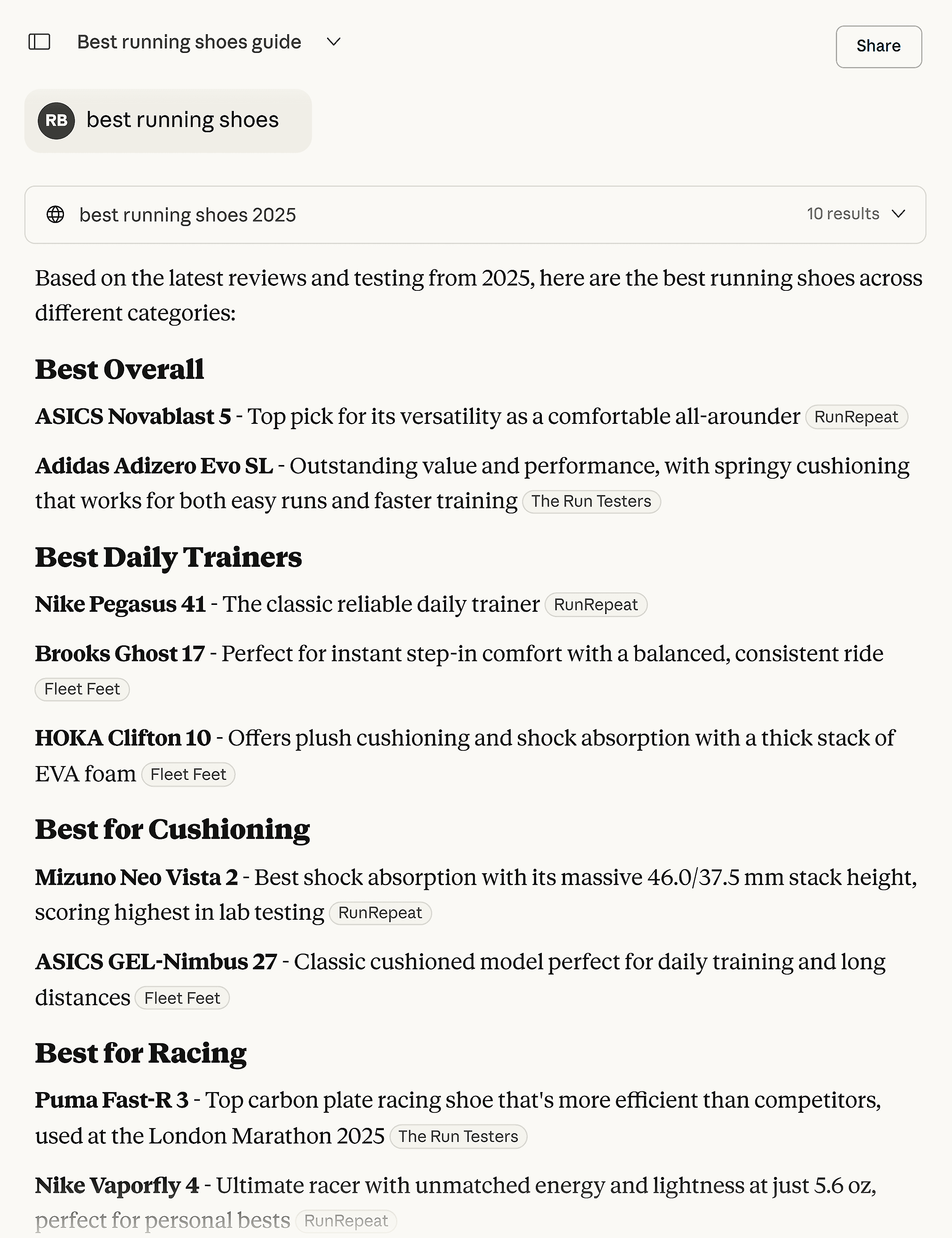 Claude – Lacks product links & visuals