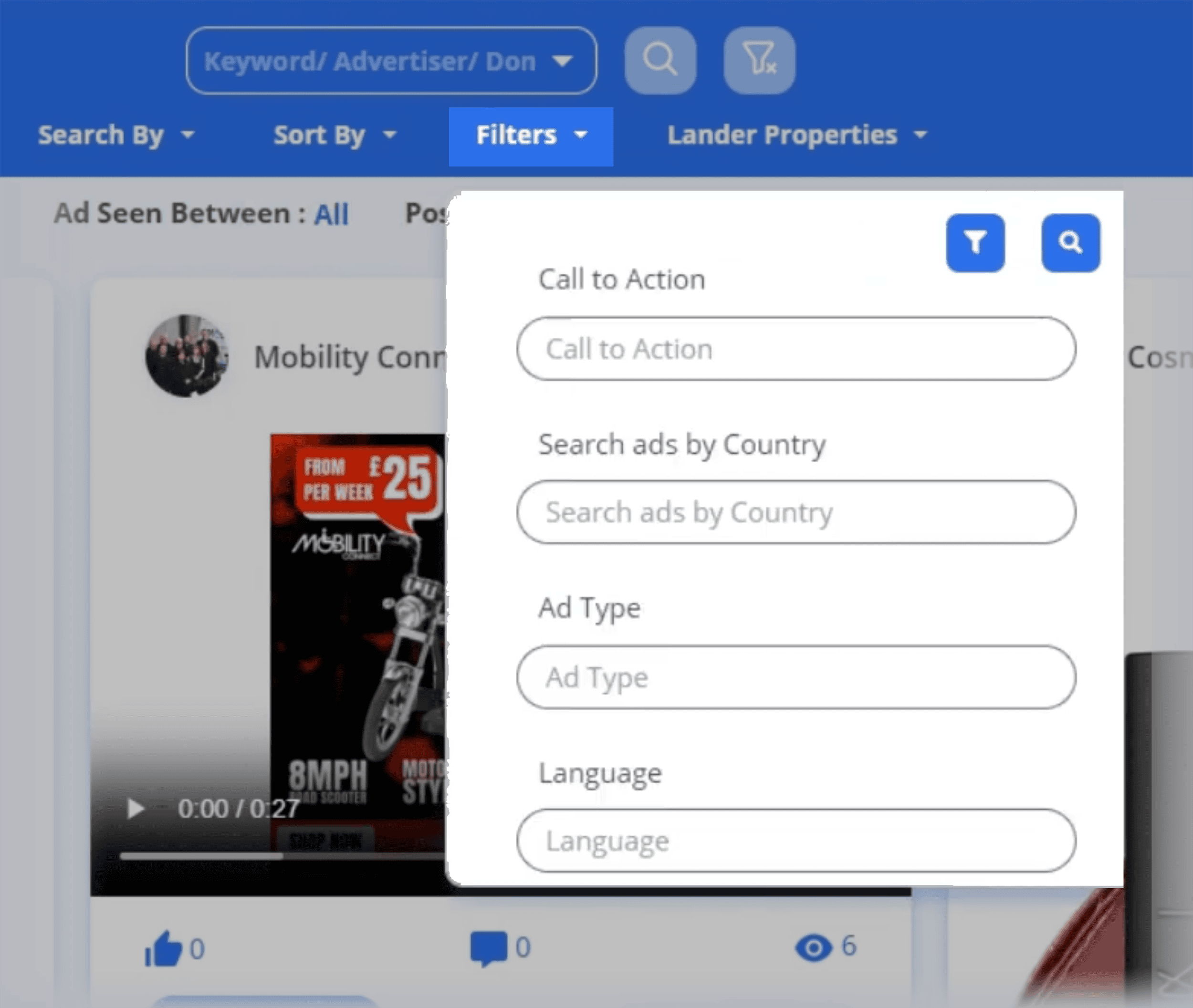 PowerAdSpy – Call to action – Filter