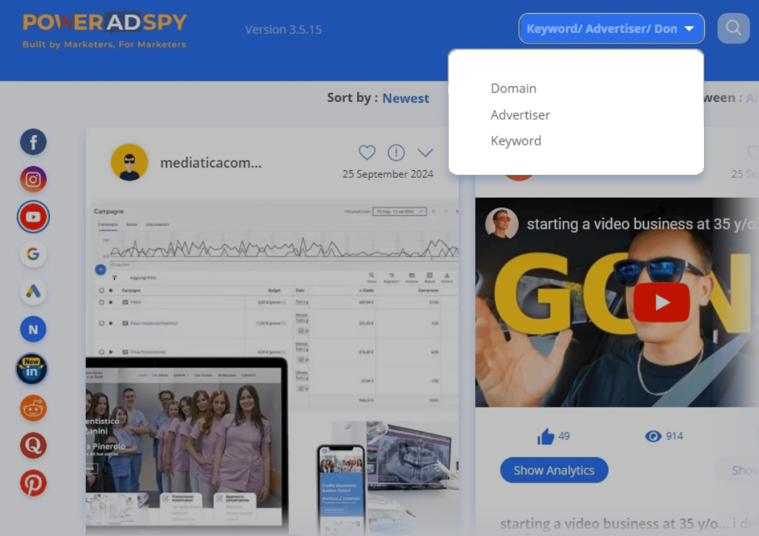 PowerAdSpy – Domain, Advertiser, Keyword – Filter
