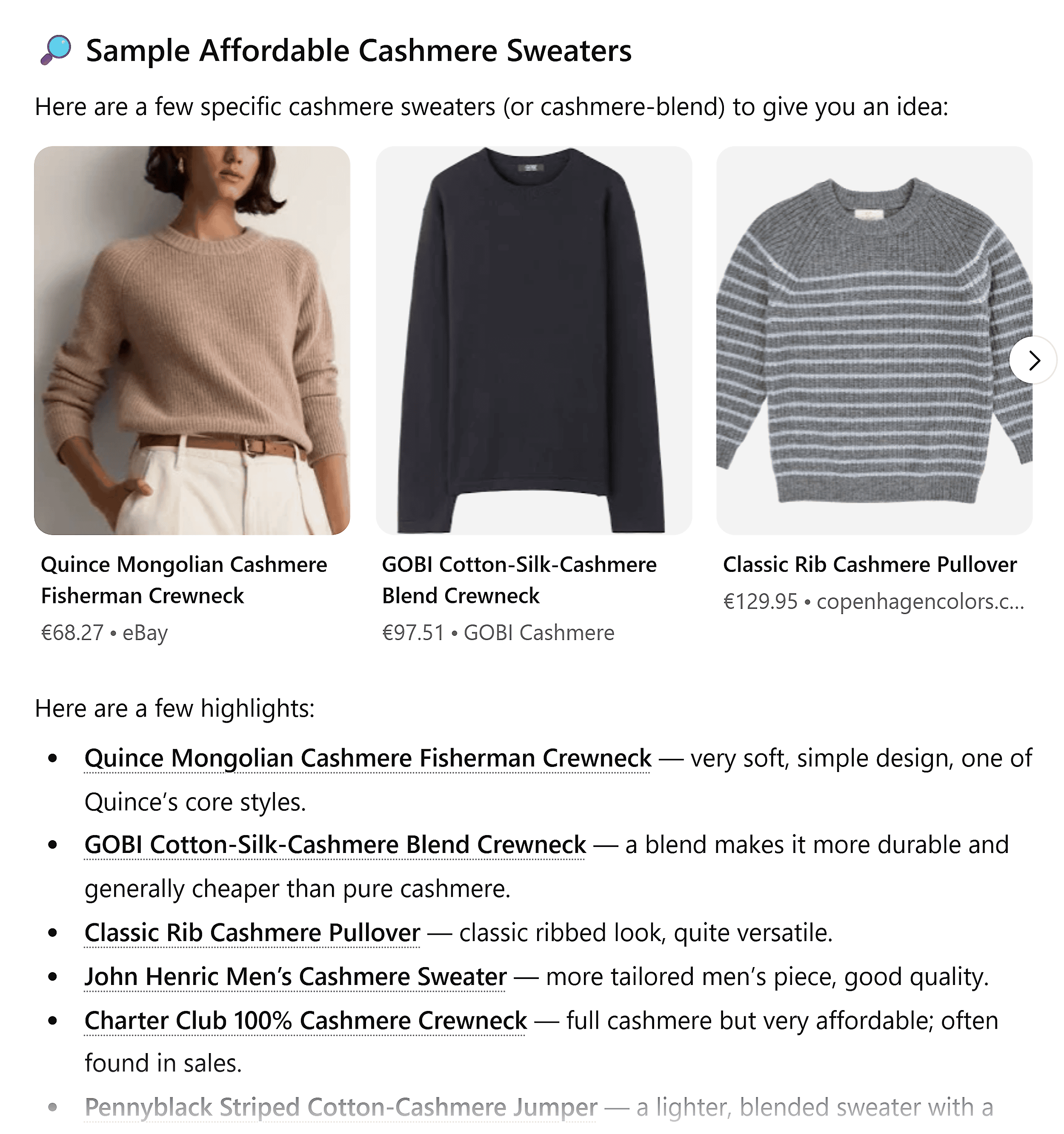 ChatGPT – Affordable cashmere options