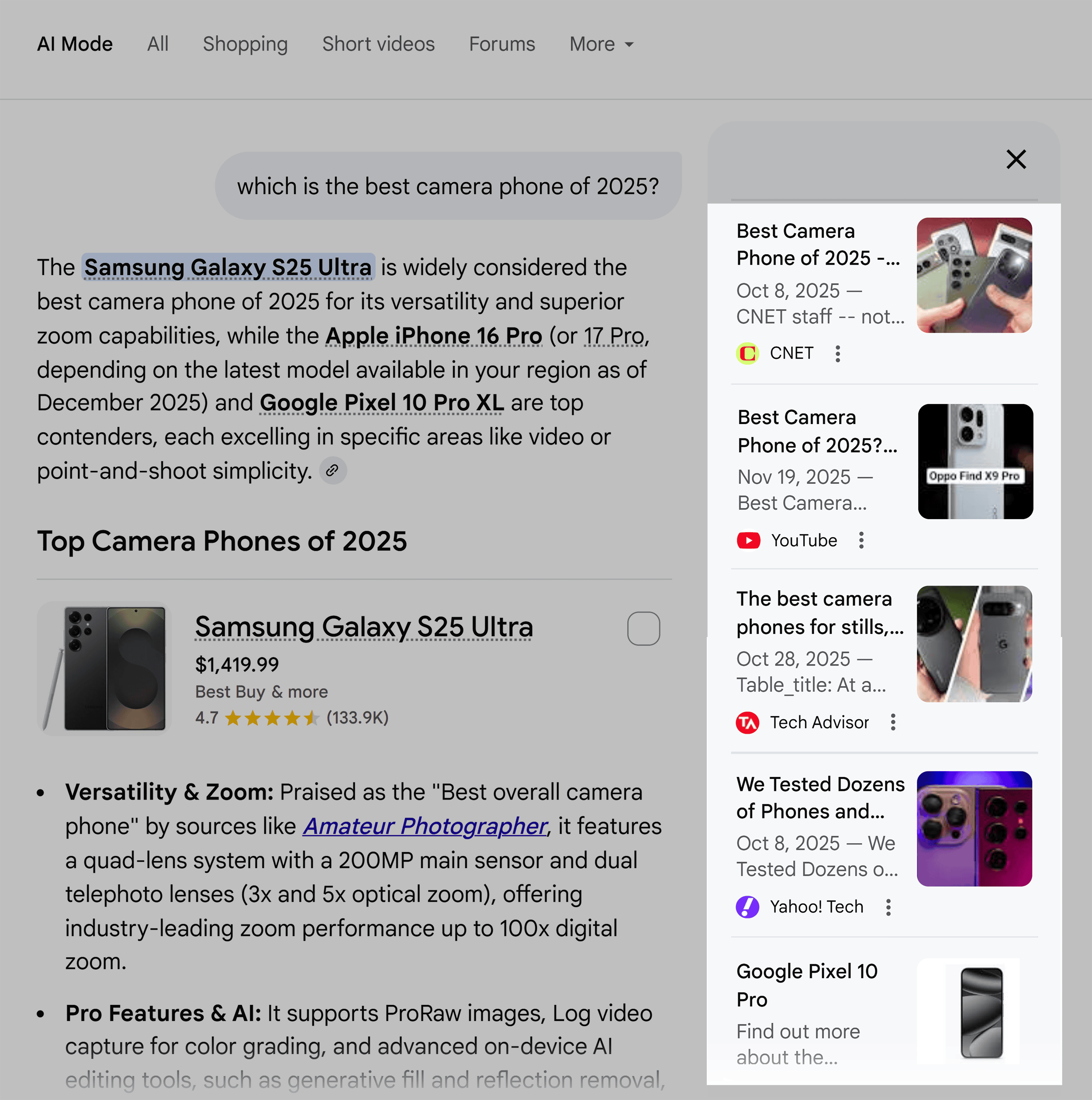 Google AI Mode – Best camera phone – Citations