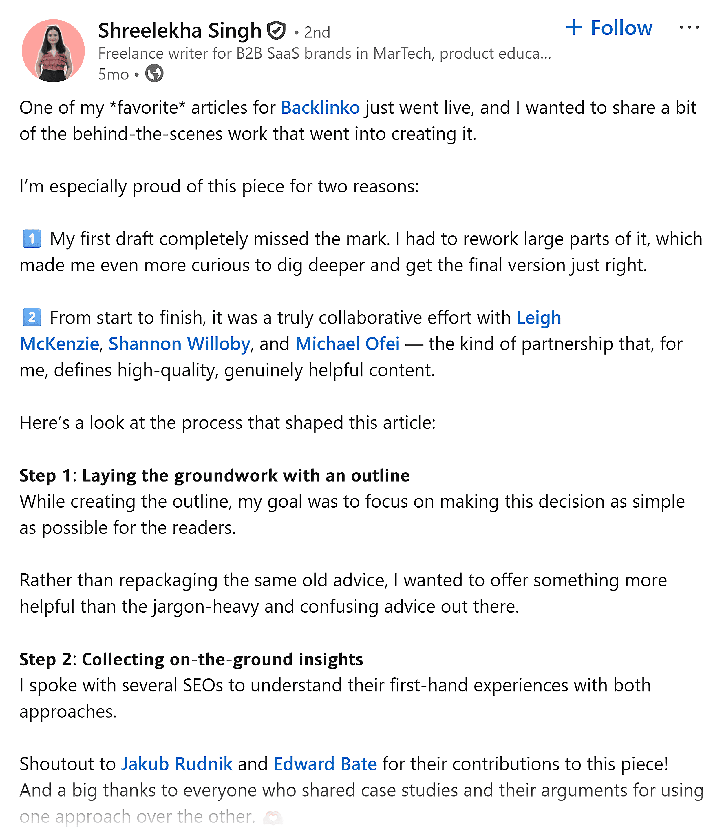 LinkedIn – Shreelekha Singh – Post