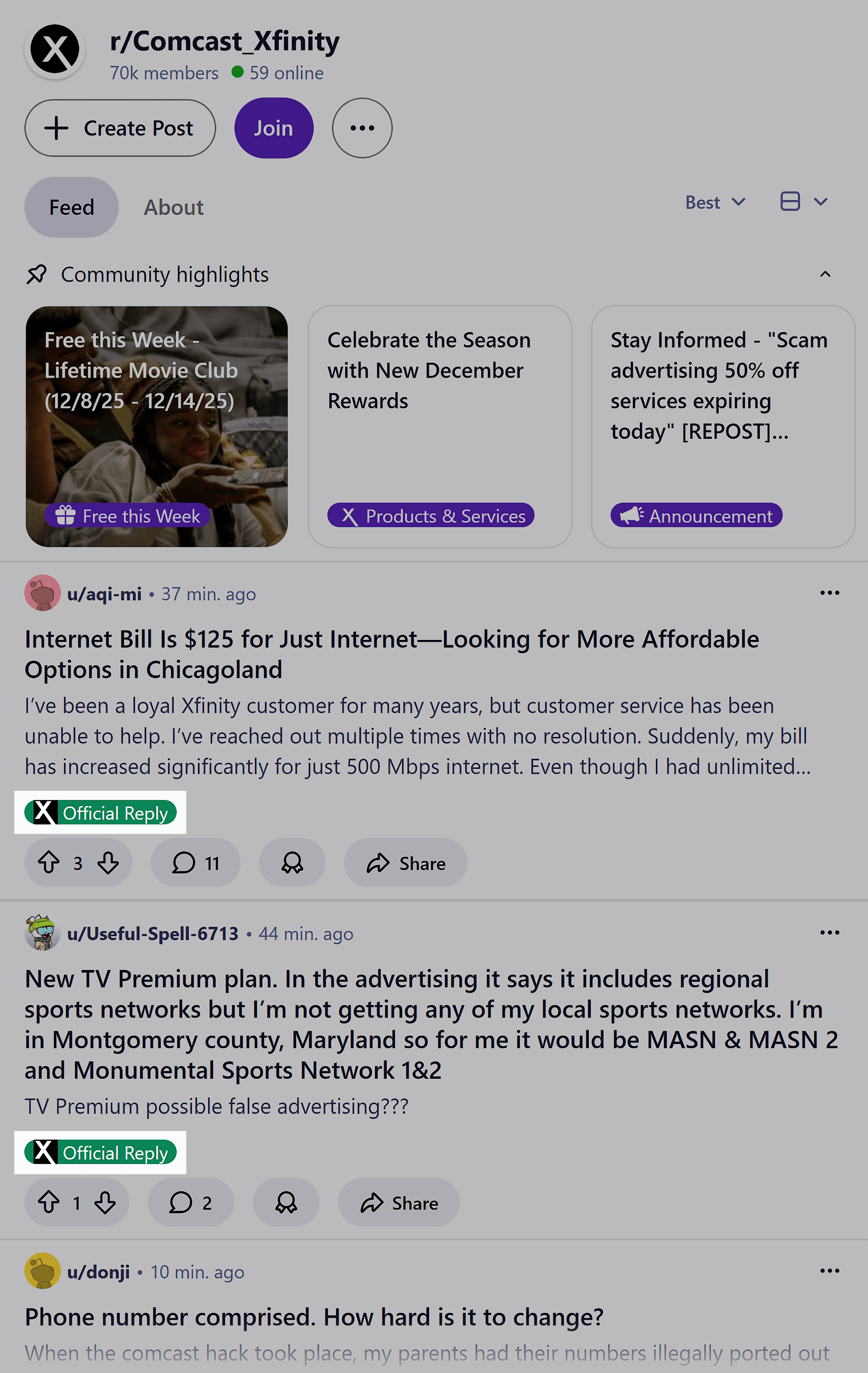 Reddit – r/Comcast_Xfinity – Official Reply