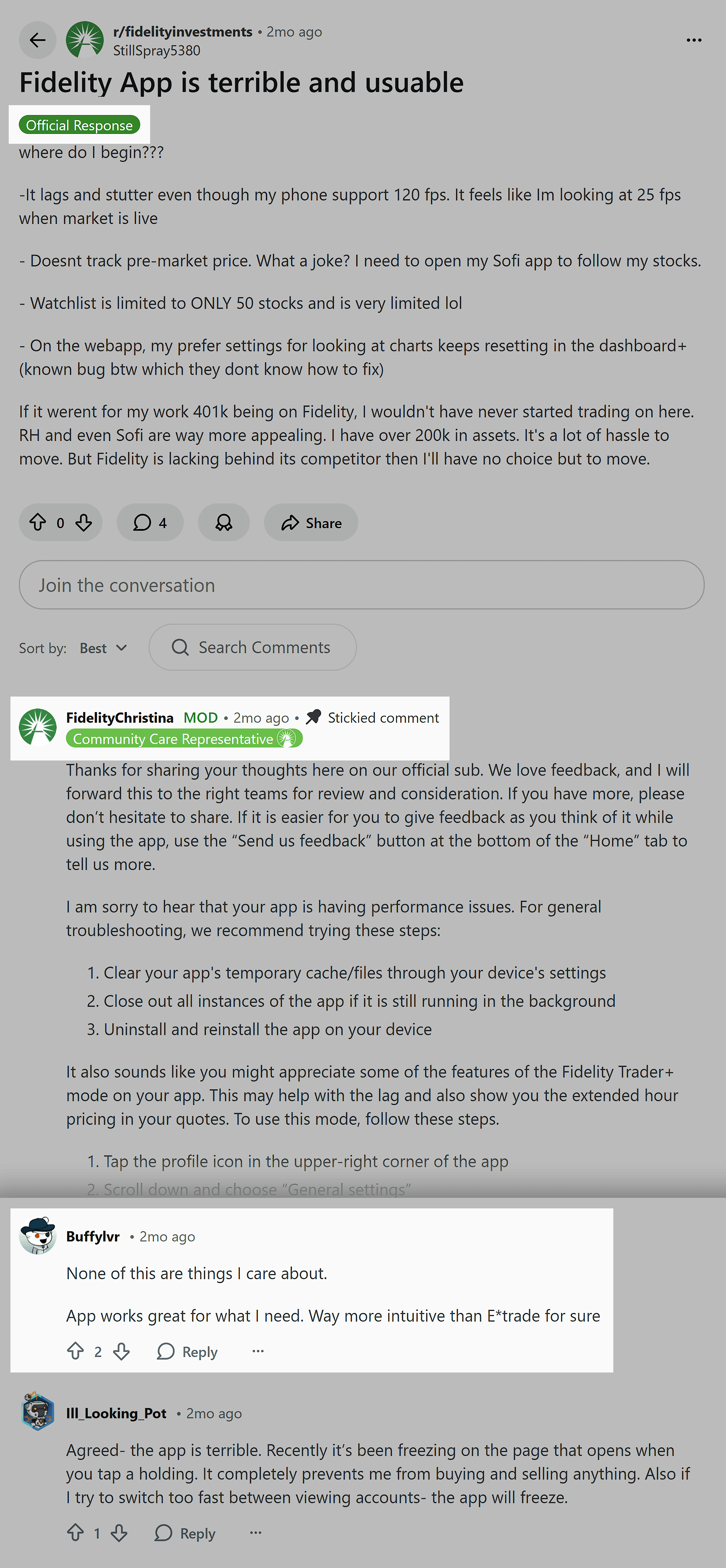 Reddit – r/fidelityinvestments – Flairs and replies