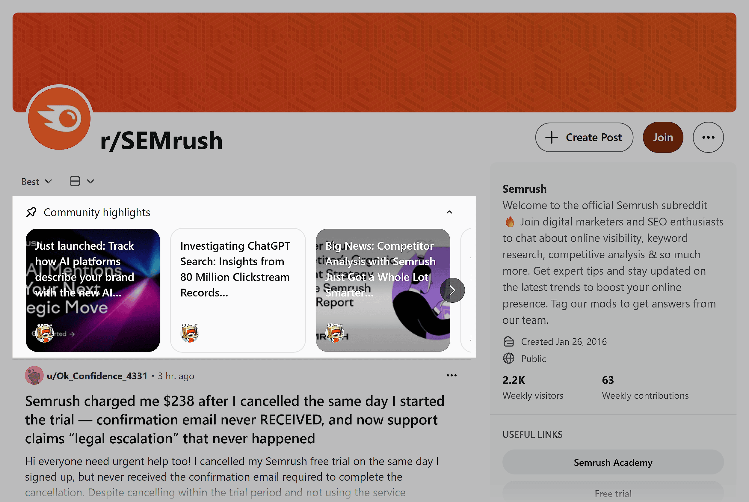 Reddit – r/SEMrush – Community highlights