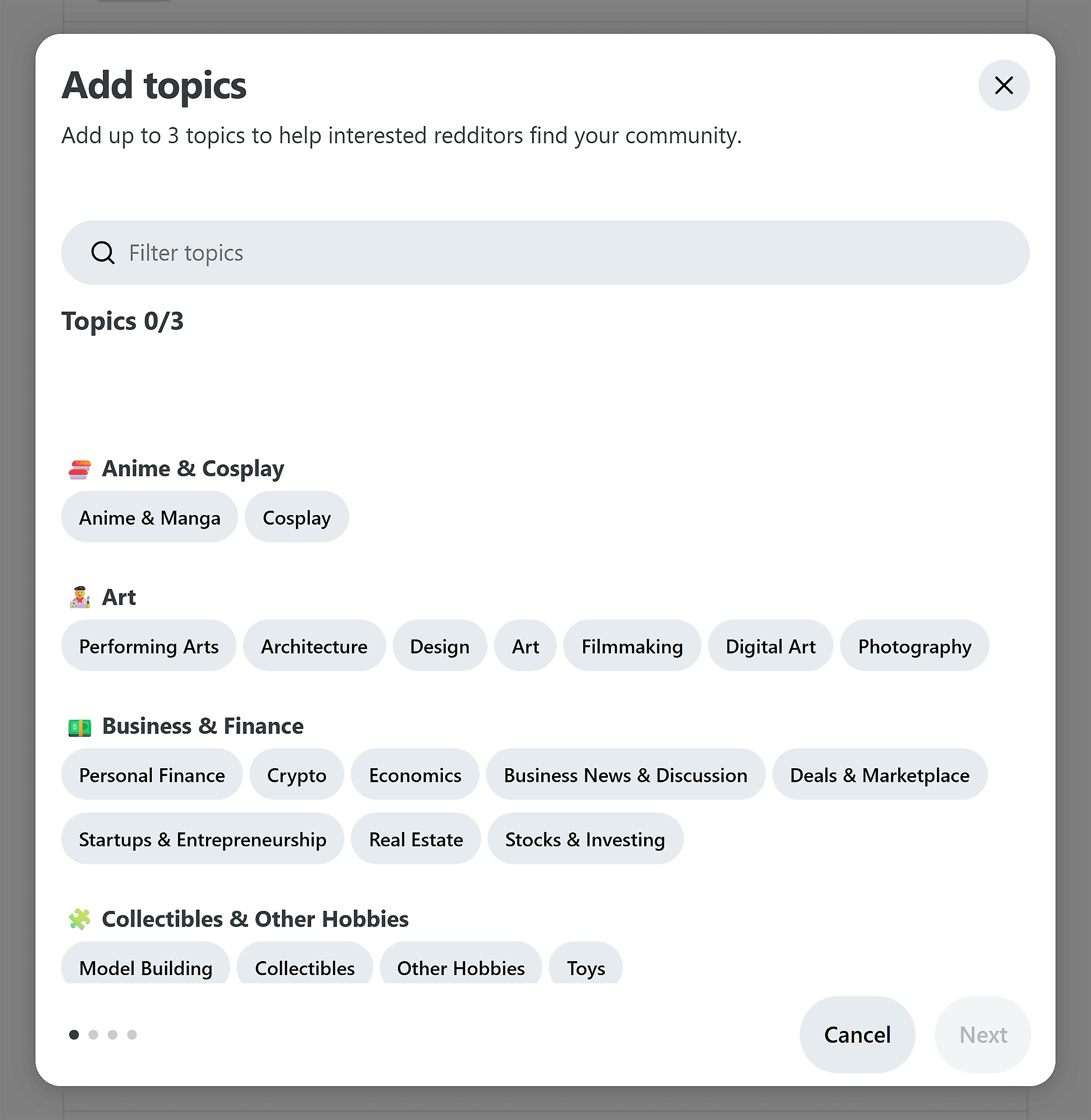 Reddit – Start a community – Add topics