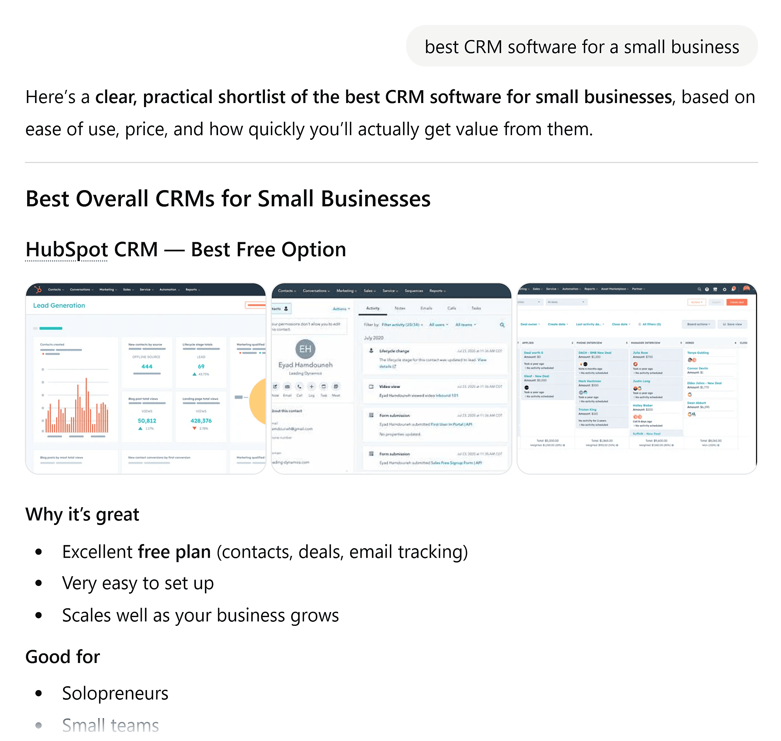 ChatGPT – Best CRM software for a small business