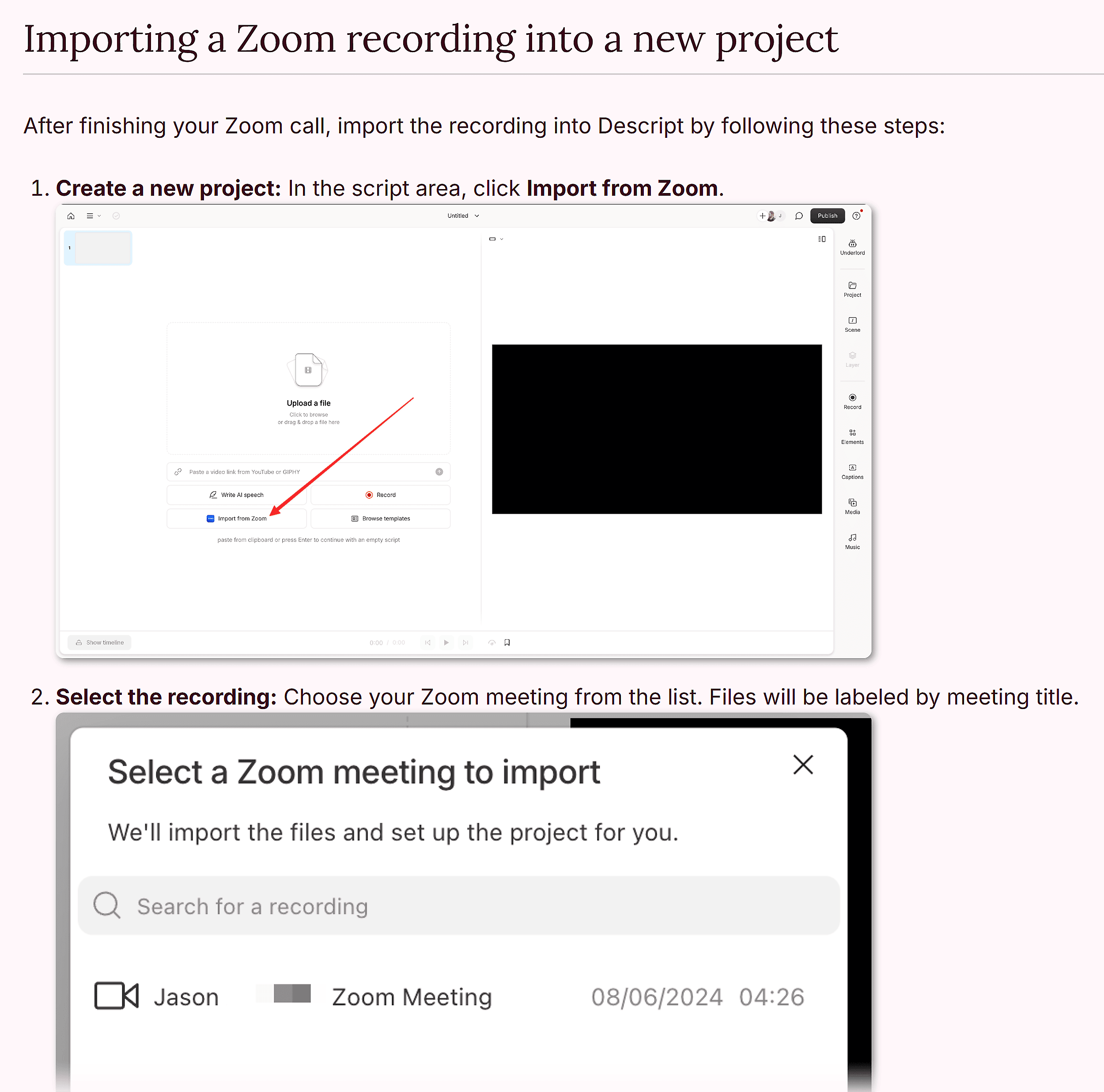 Descript – Importing a Zoom recording into a new project