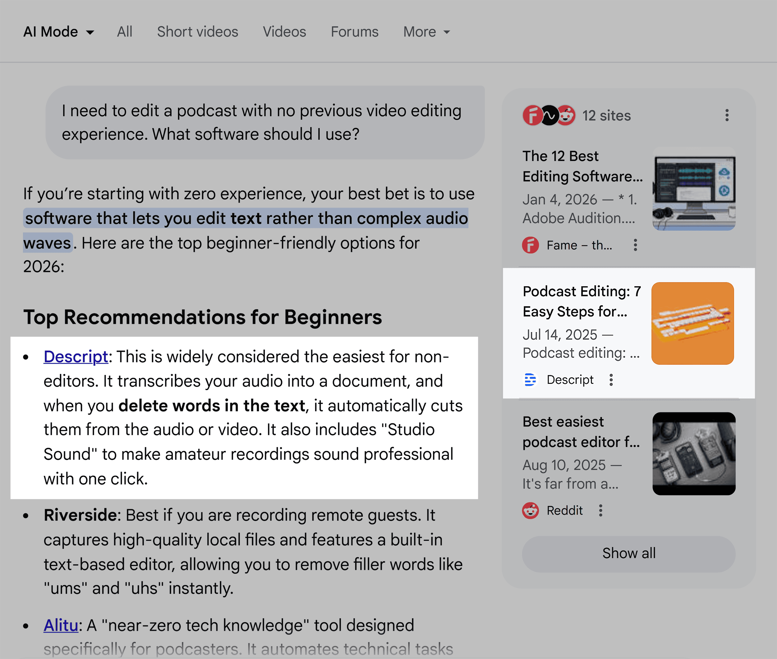 Google AI Mode – Video editing software