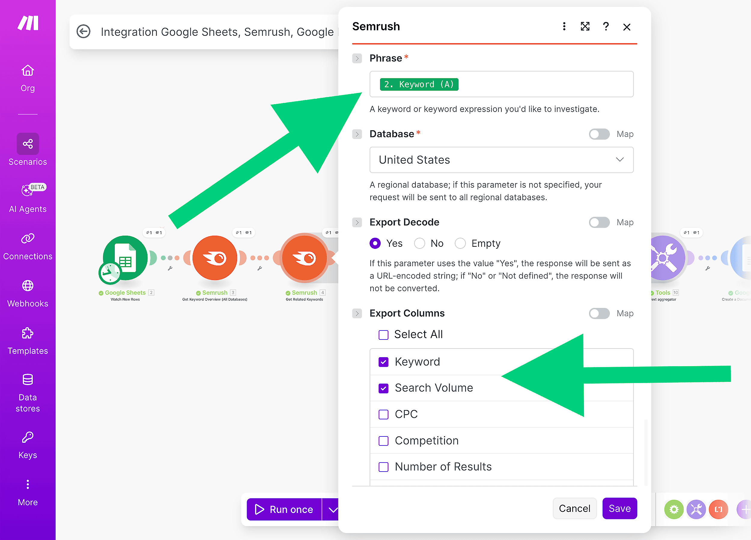 Maping "Phrase" to the keyword column