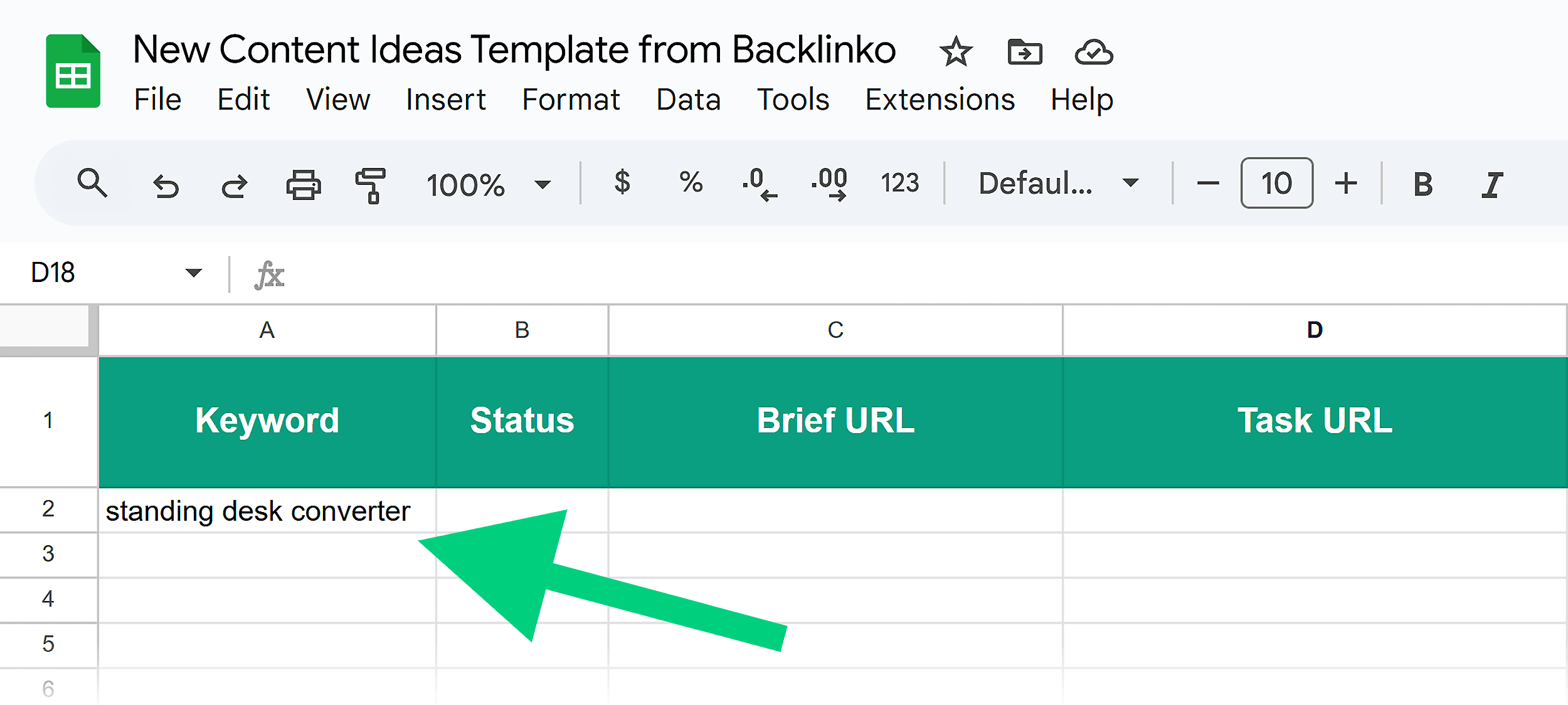 New Content Ideas Template from Backlinko – Add a new keyword