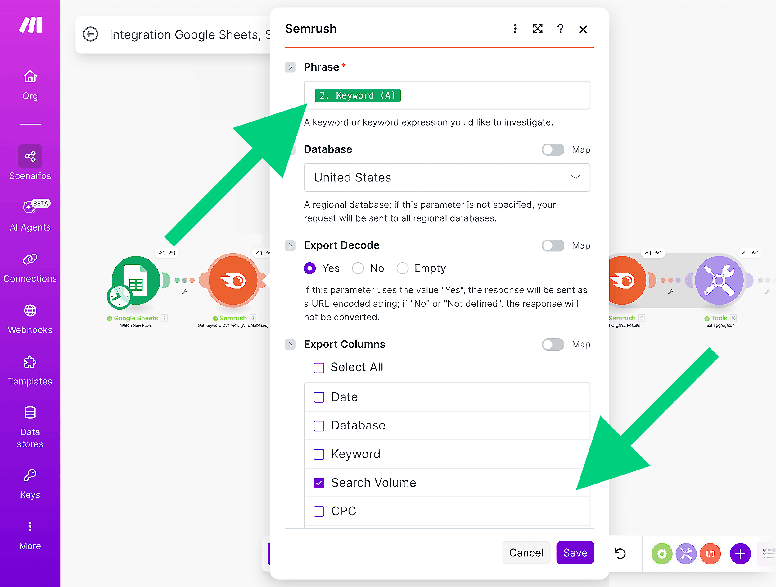 Phrase field to the Google sheet
