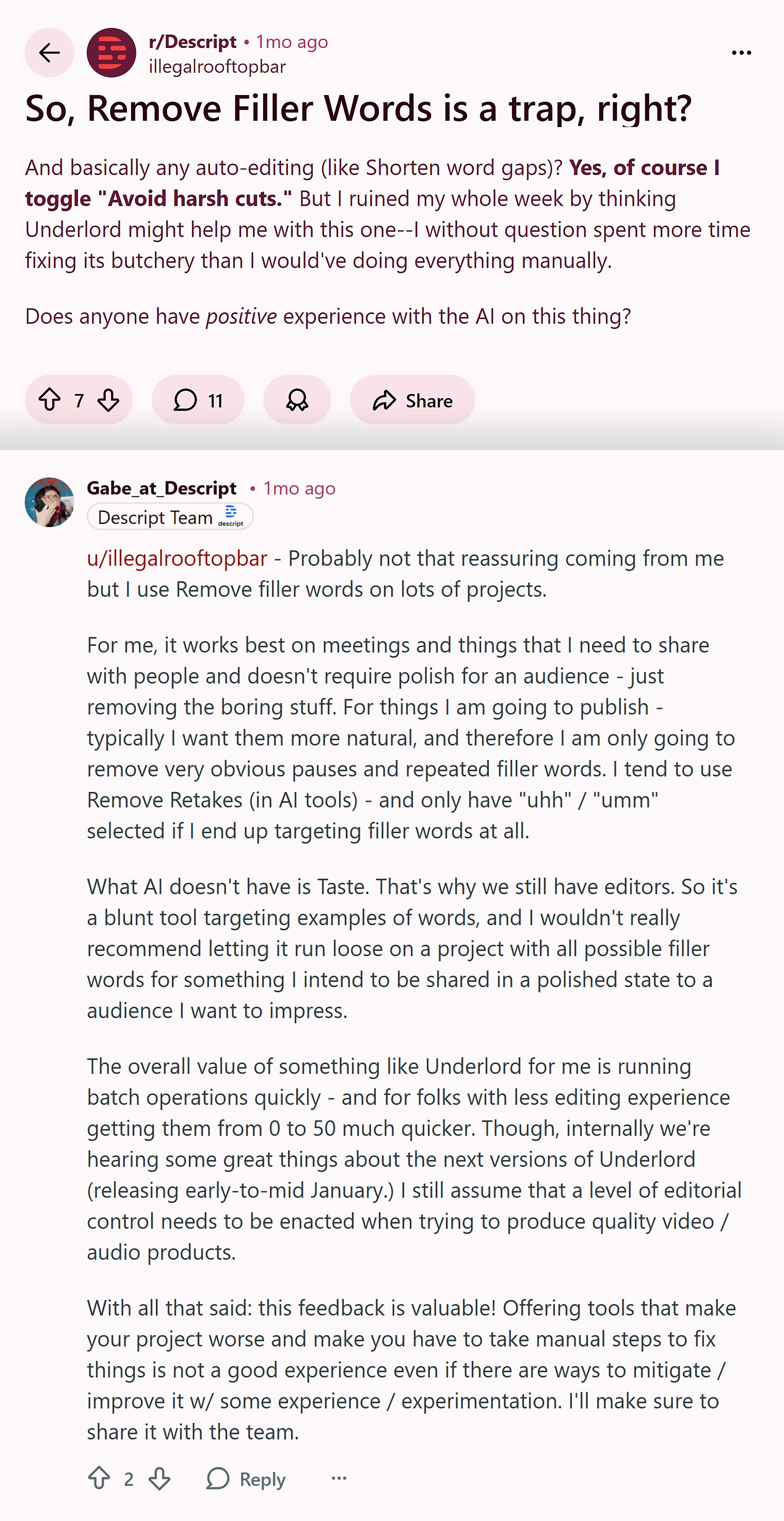 Reddit – r/Descript – Filler Words