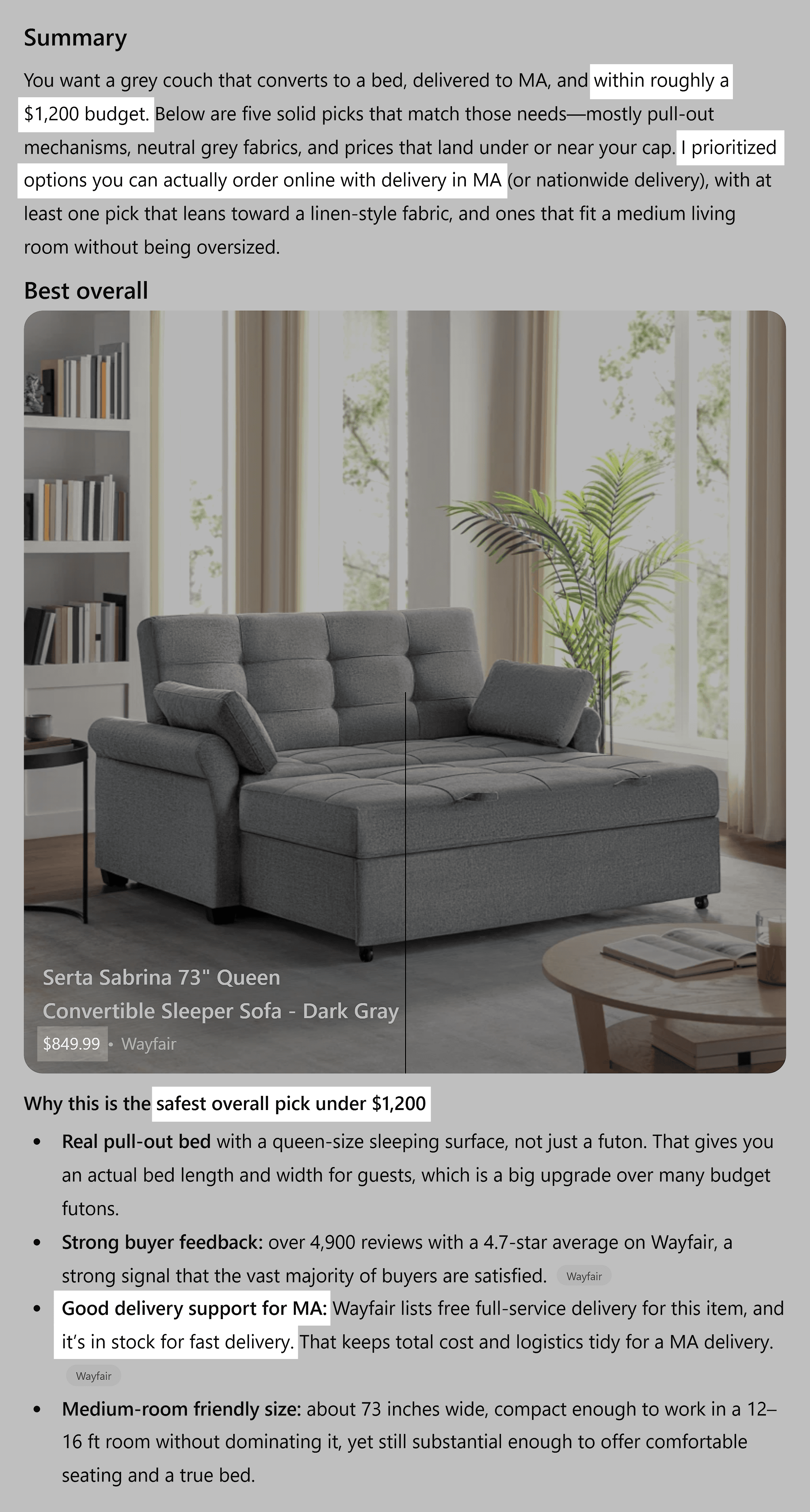 ChatGPT – Returned options that fit