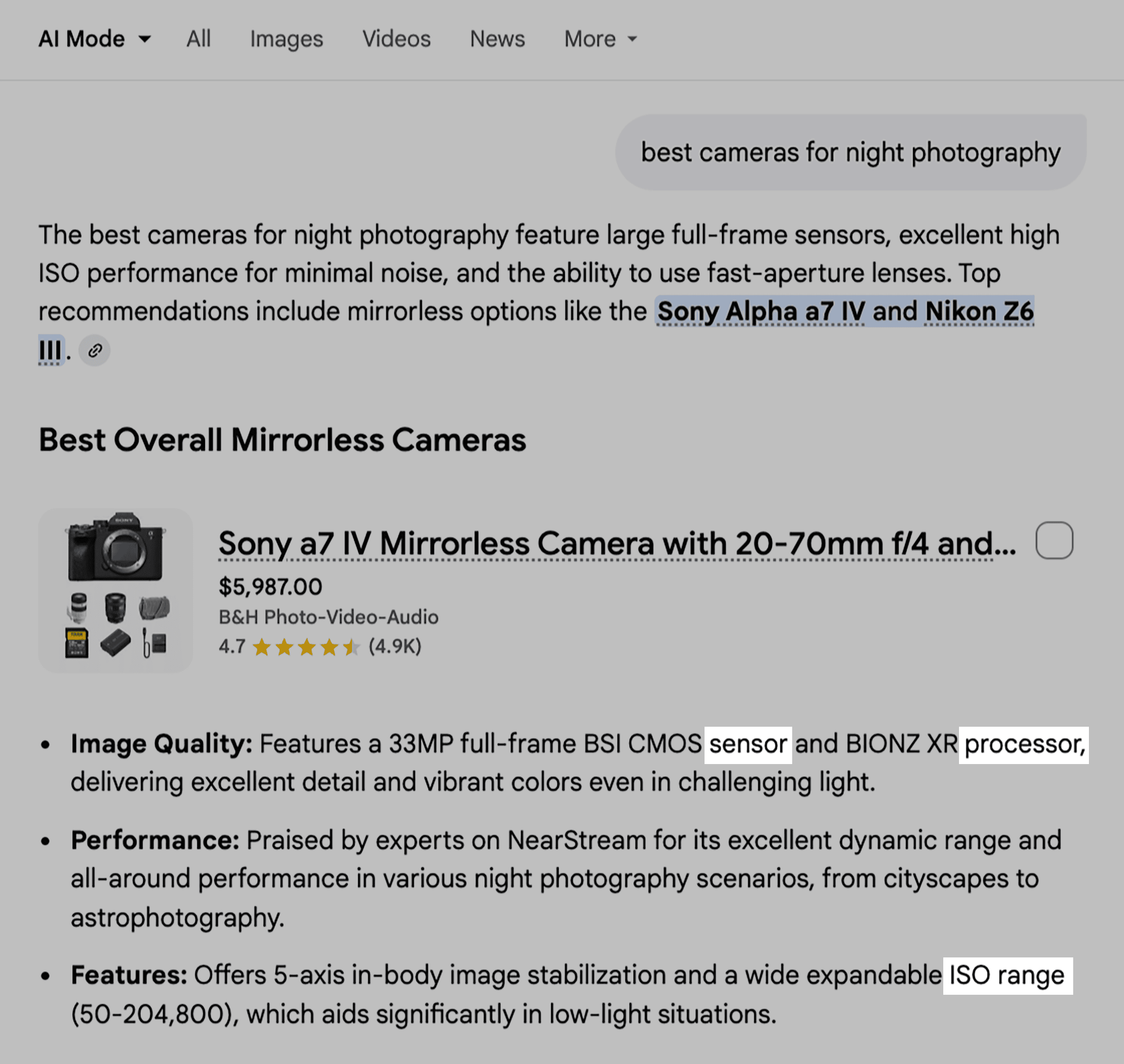 Google AI Mode – Best cameras for night photography