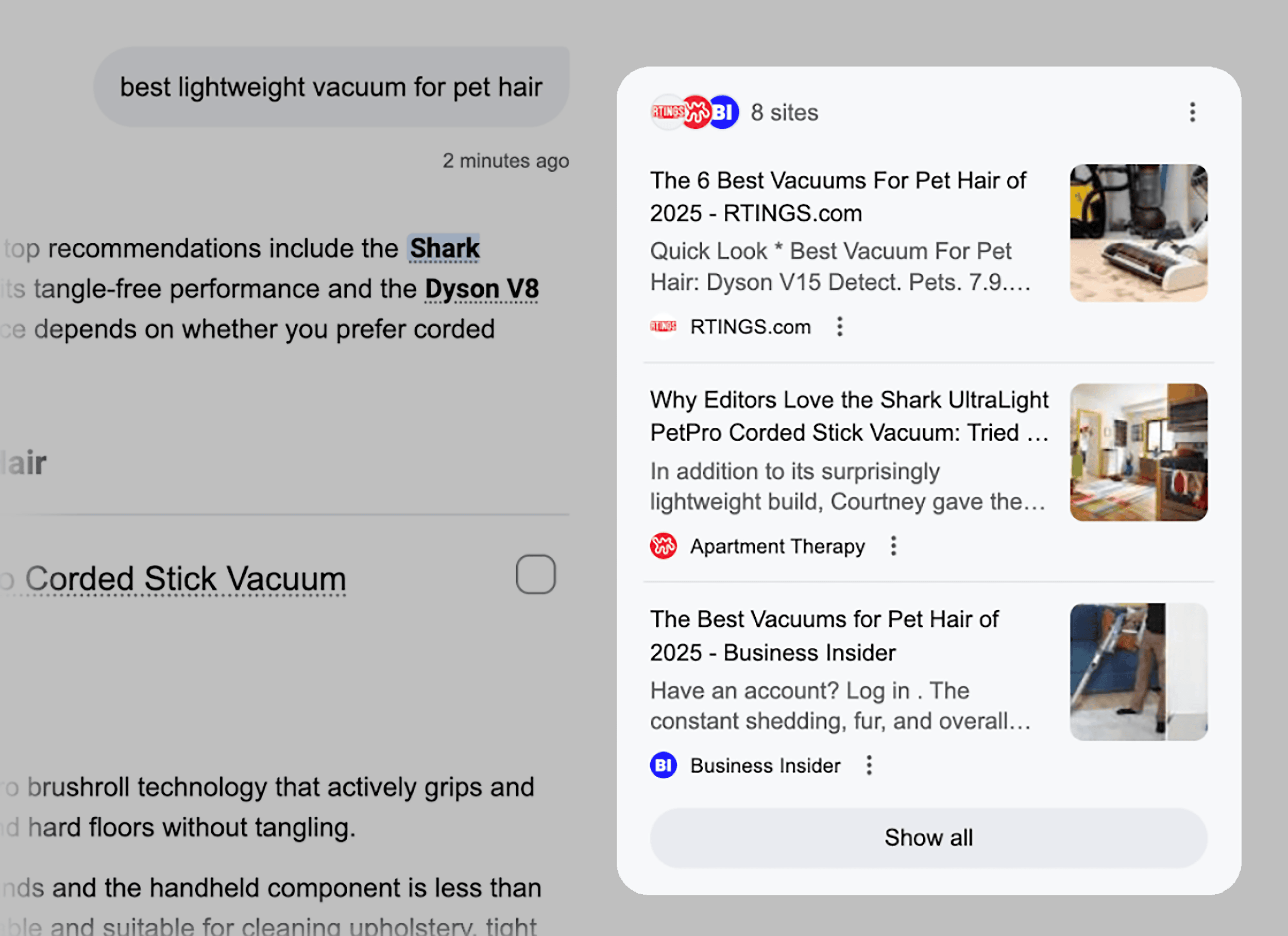 Google AI Mode – Best lightweight vacuum for pet hair – Sources