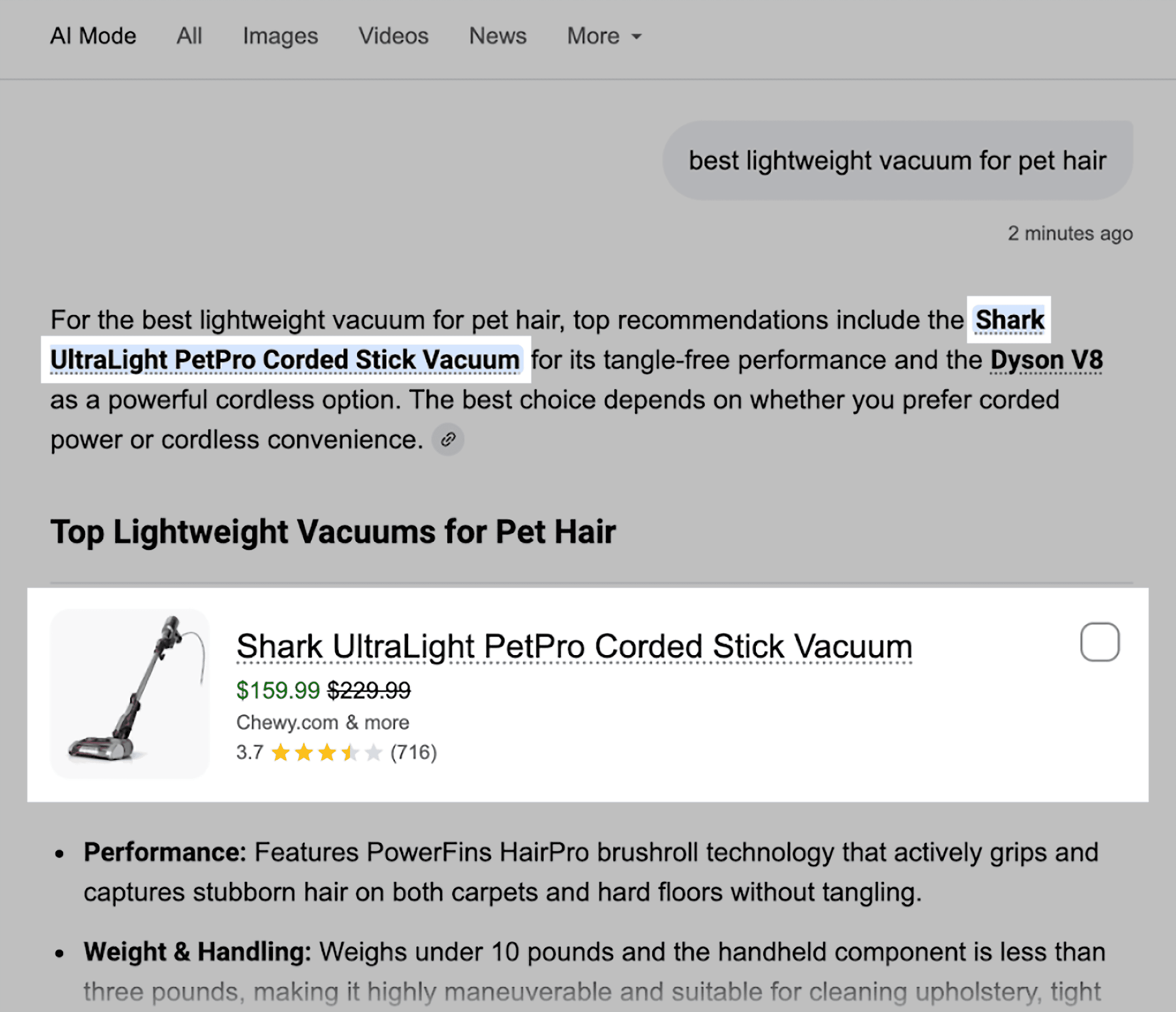 Google AI Mode – Best lightweight vacuum for pet hair