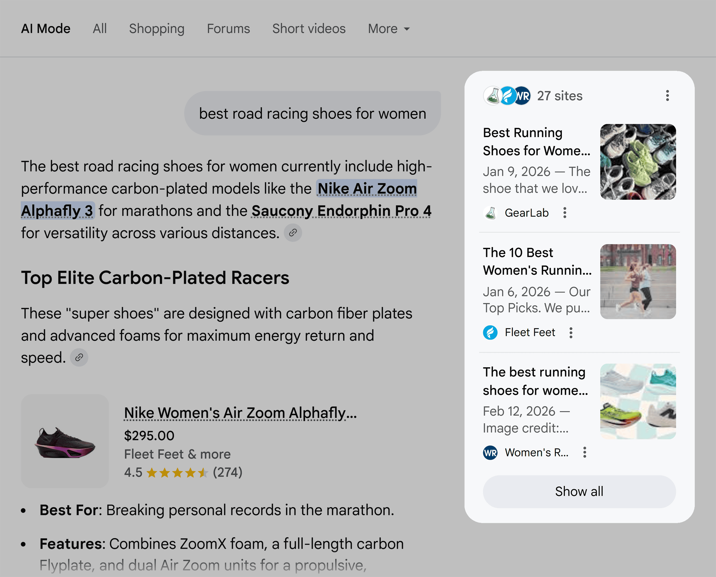 Google AI Mode –Best road racing shoes for women – Sources