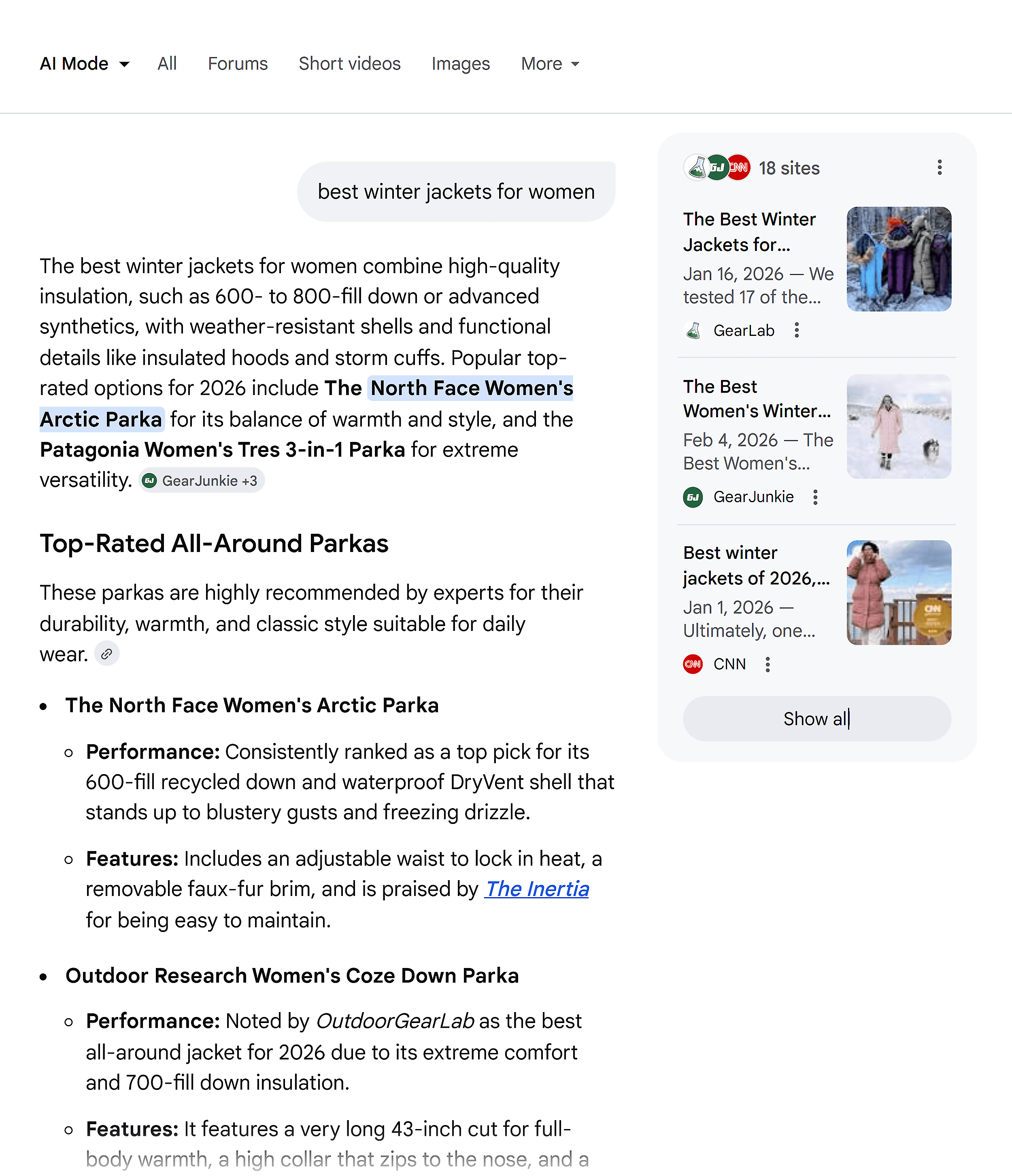 Google AI Mode –Best winter jackets for women
