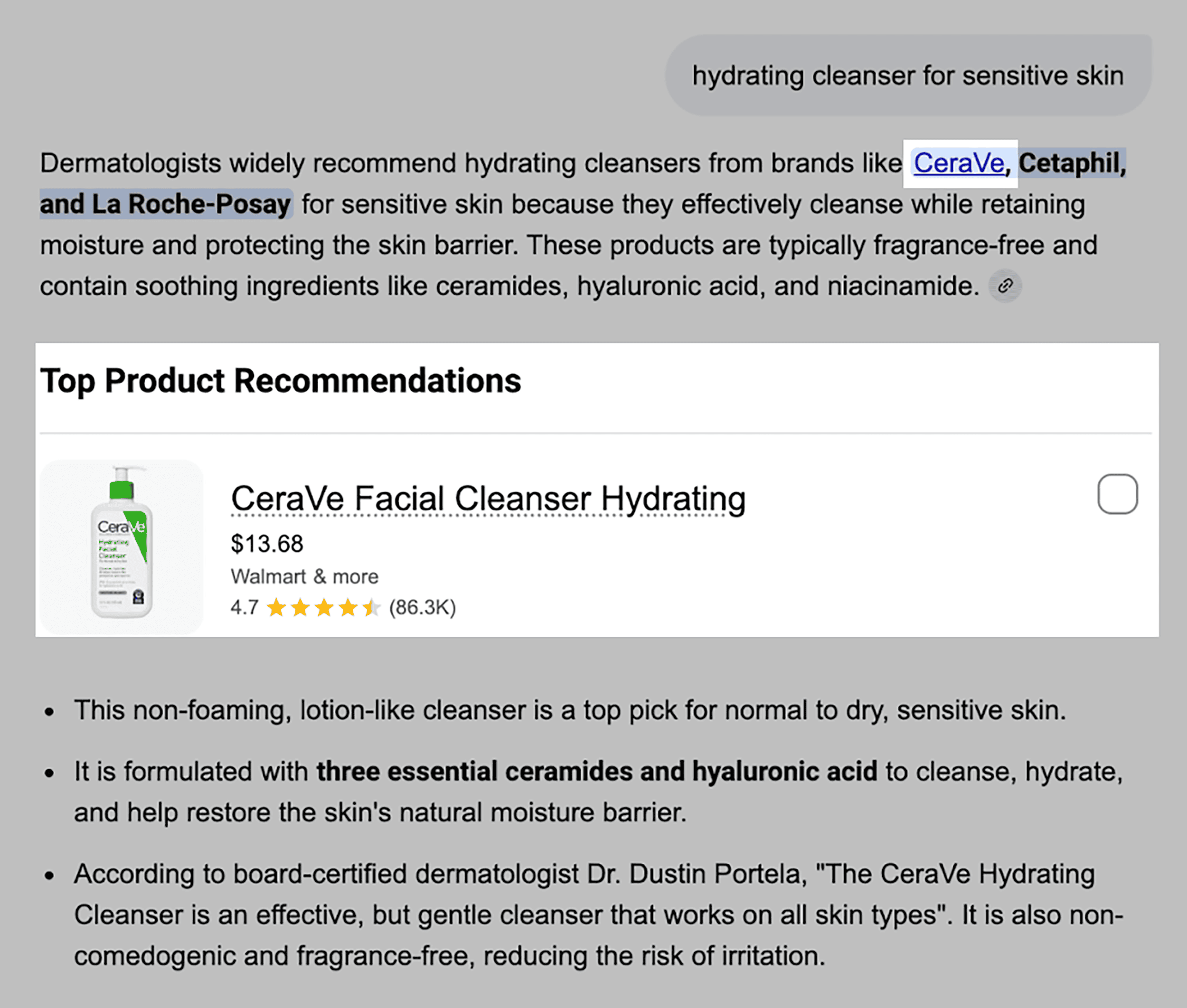 Google AI Mode – Hydrating cleanser for sensitive skin