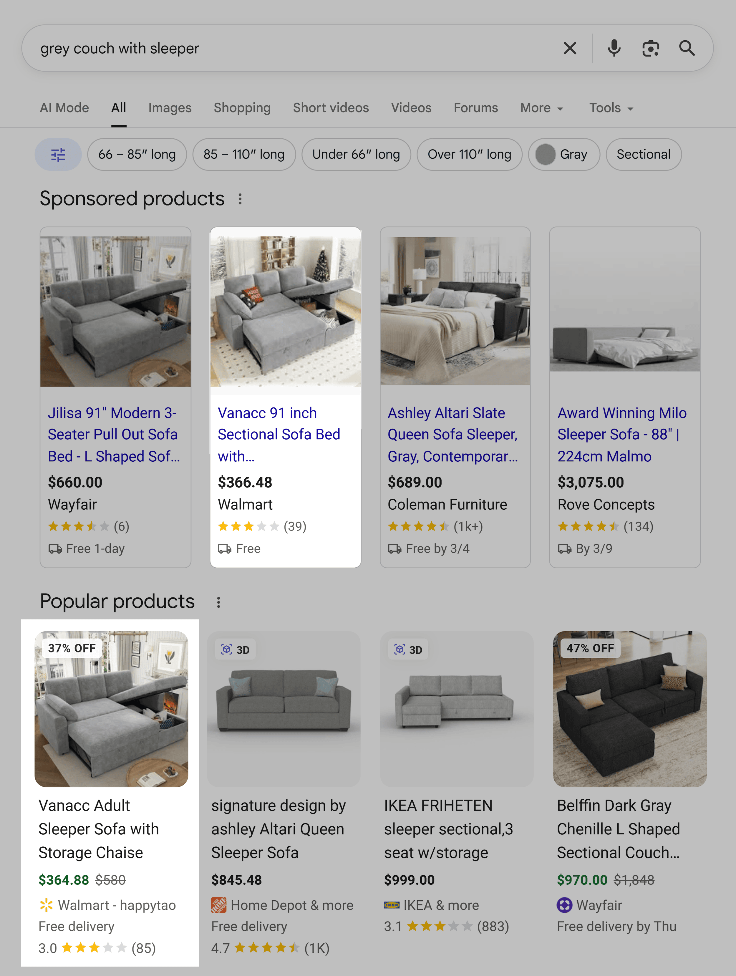 Google SERP – Grey couch with sleeper