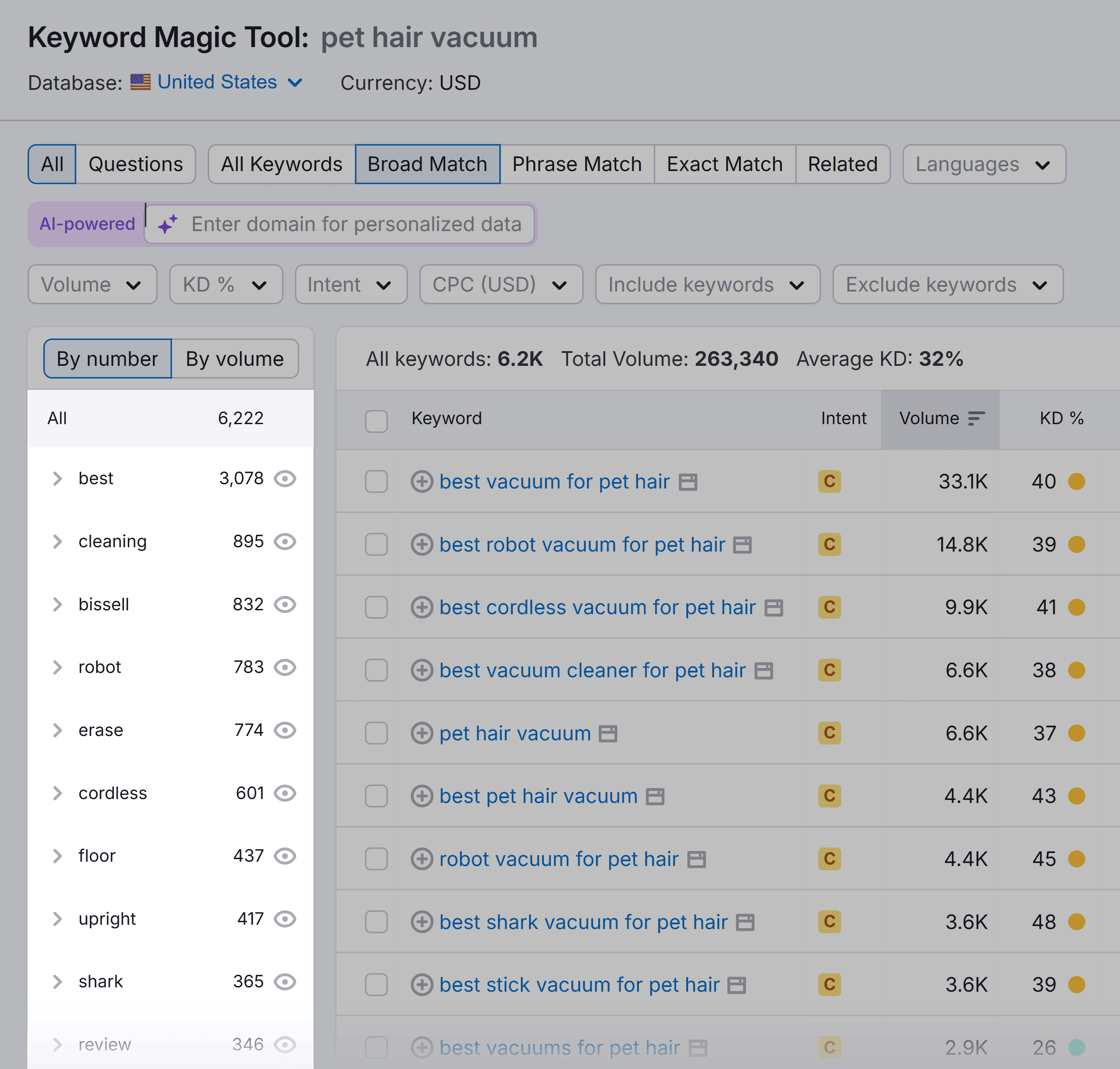 Keyword Magic Tool – Pet hair vacuum – Groups